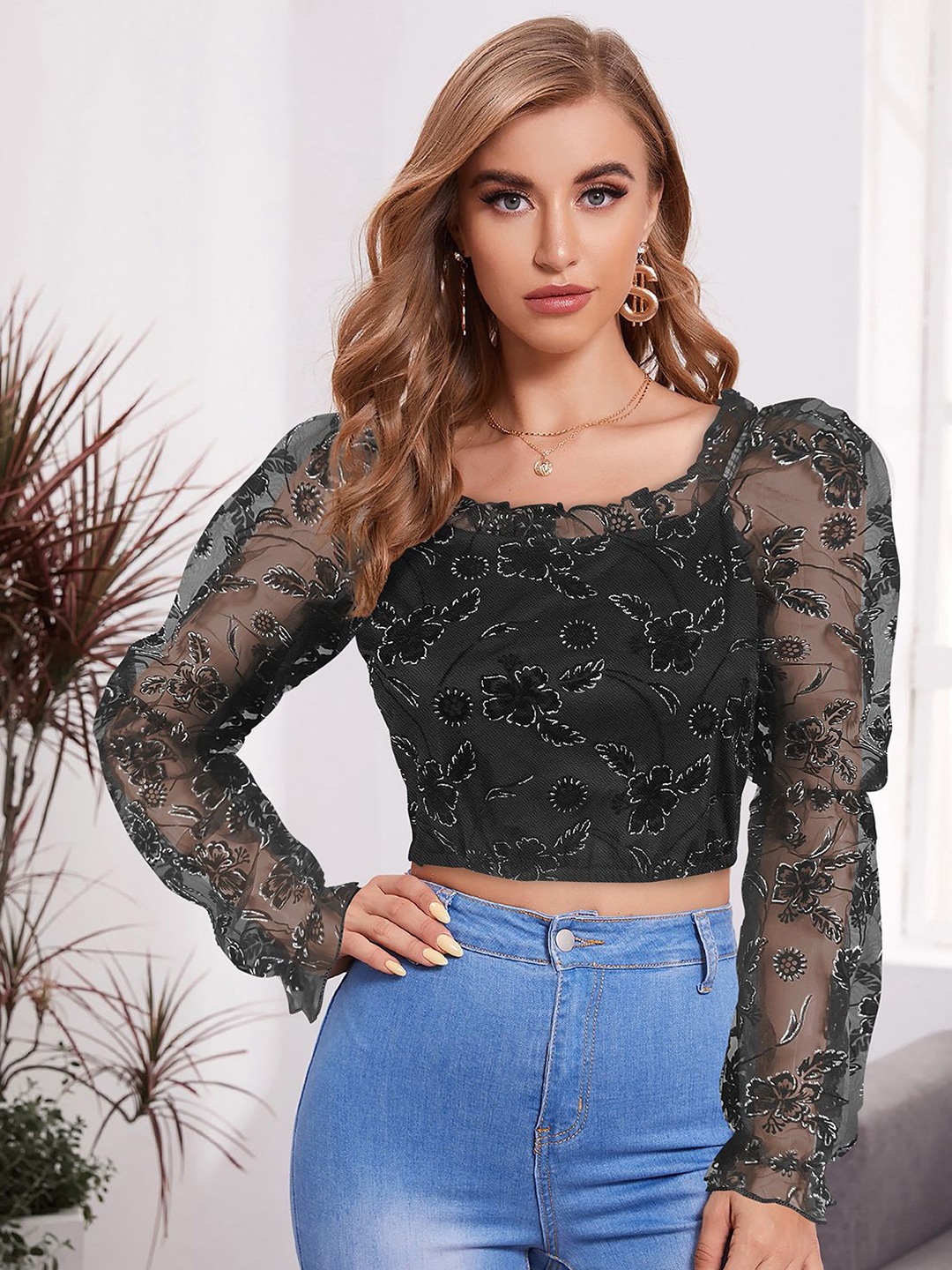 

CORSICA Floral Embellished Puff Sleeve Crop Top, Black