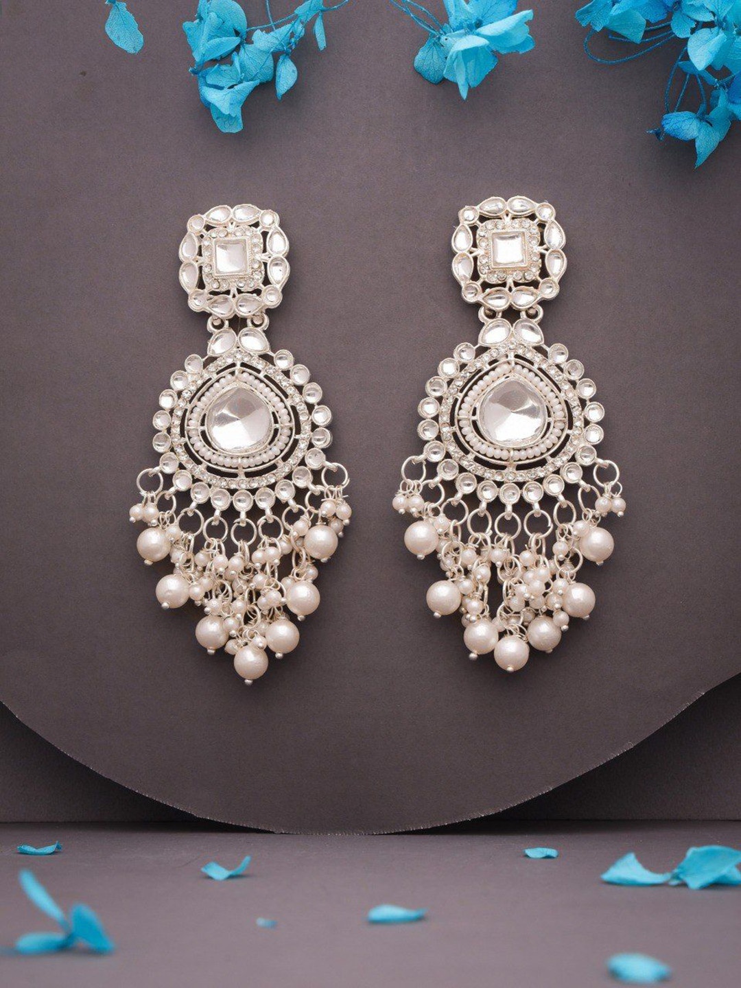 

Lyriss Gold Plated Artificial Stones Studded and Beaded Contemporary Shaped Drop Earrings