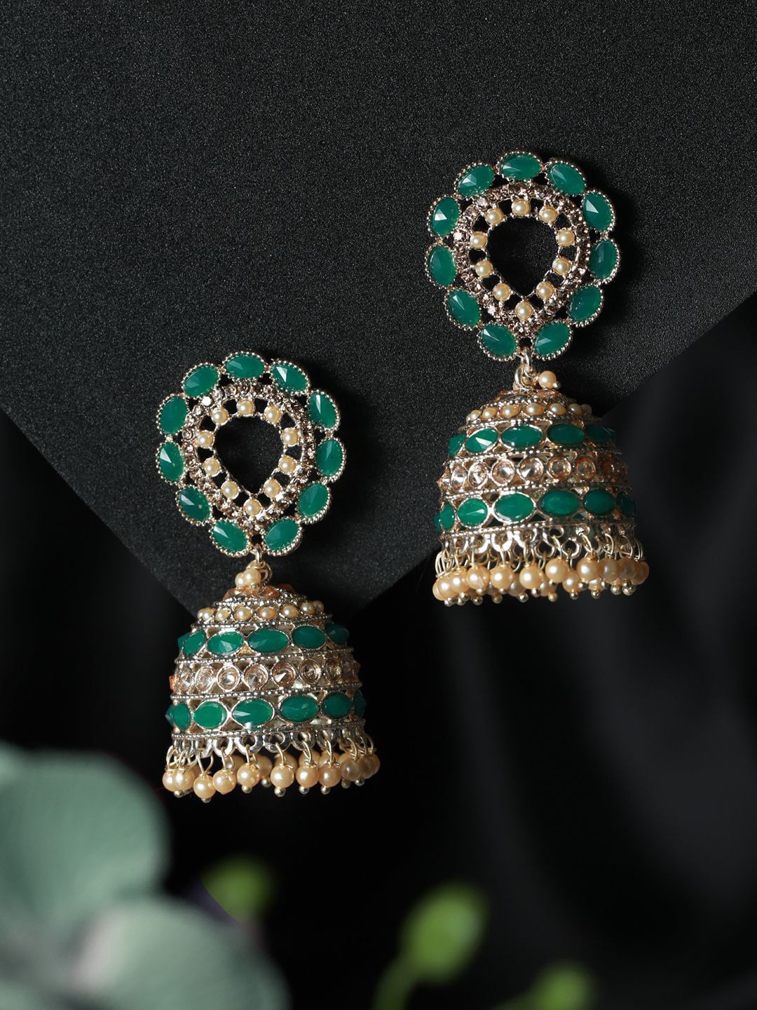 

Anouk Gold-Plated Artificial Stones and Beads Beaded Dome Shaped Jhumkas, Green