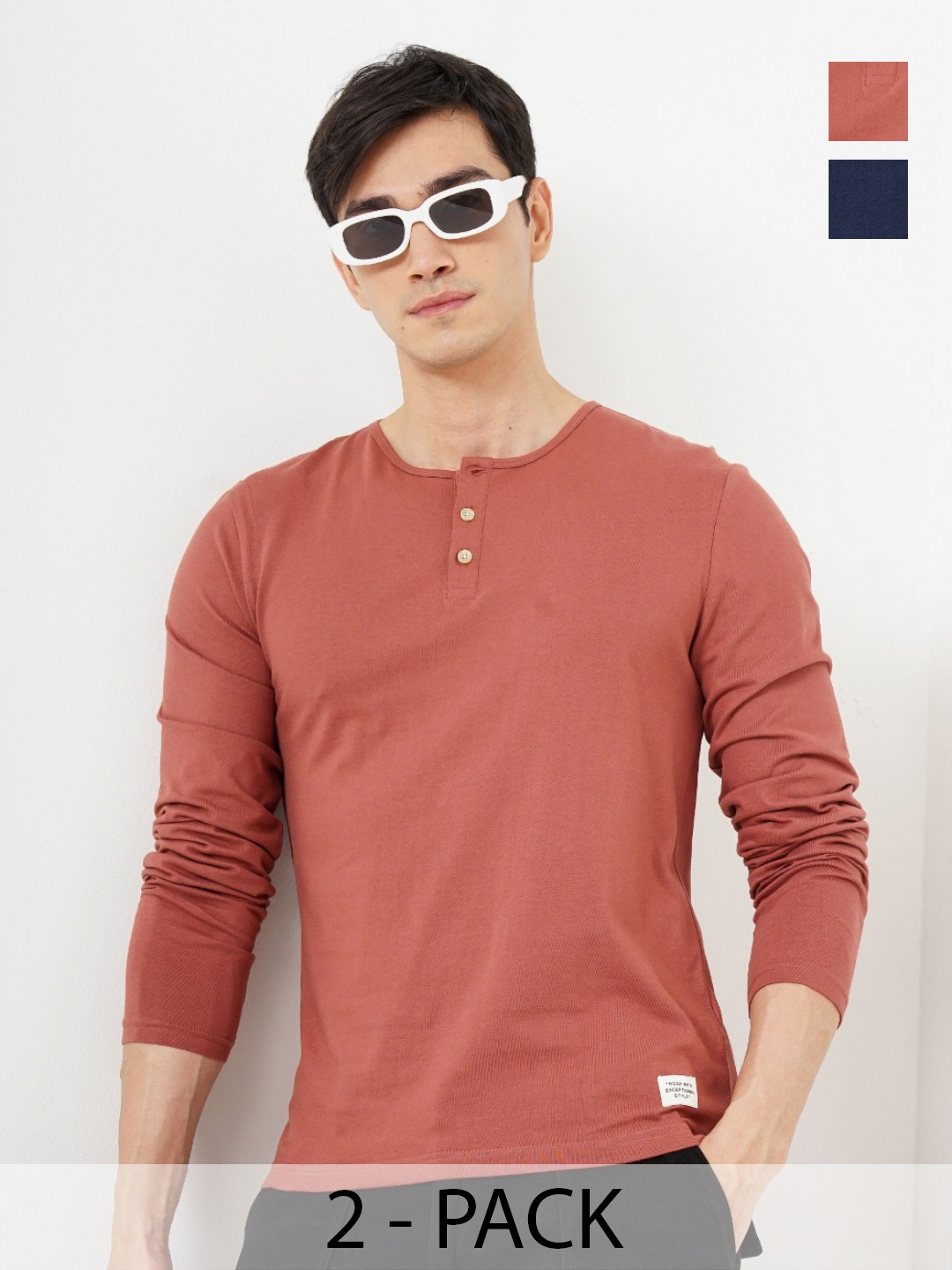 

Genoa Men Pack of 2 Solid Henley Neck Cotton T-shirts, Rust