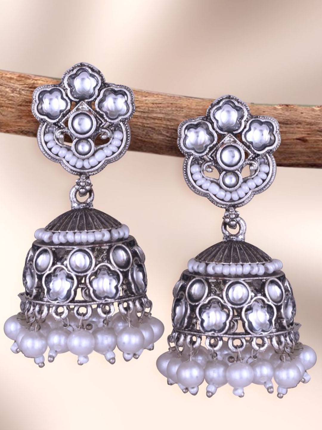 

MEENAZ Silver-Plated Oxidised Stone Studded & Pearls Beaded Dome Shaped Jhumkas