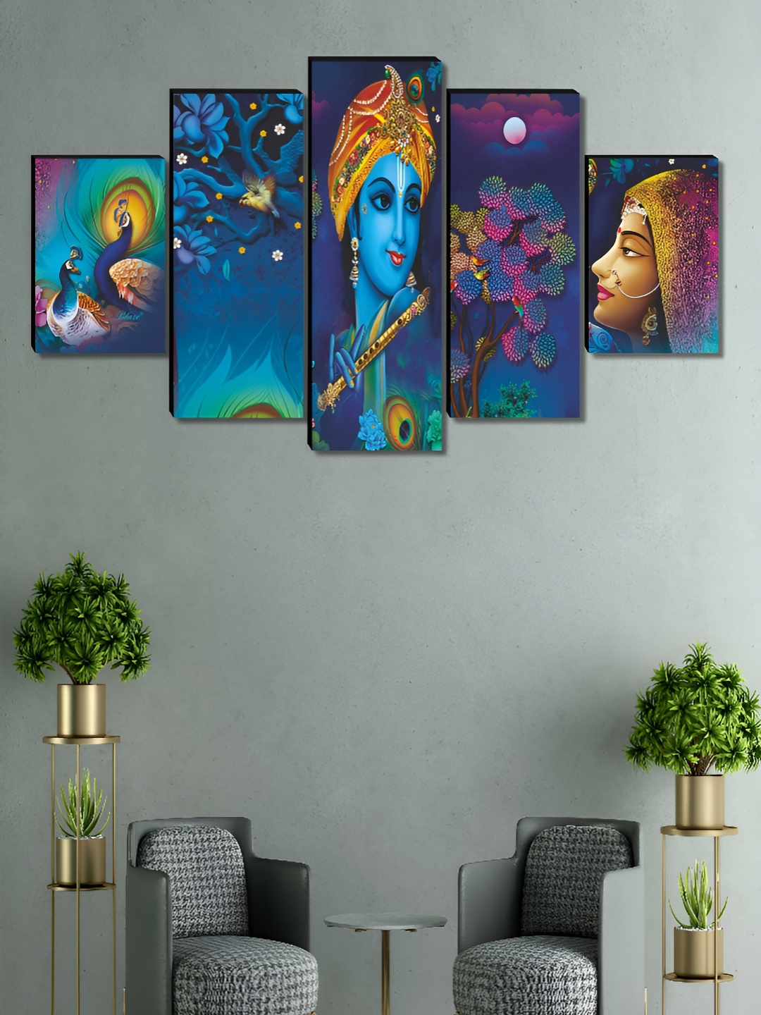 

Aura Blue & Gold-Toned 5 Piece Wood Religious Wall Paintings