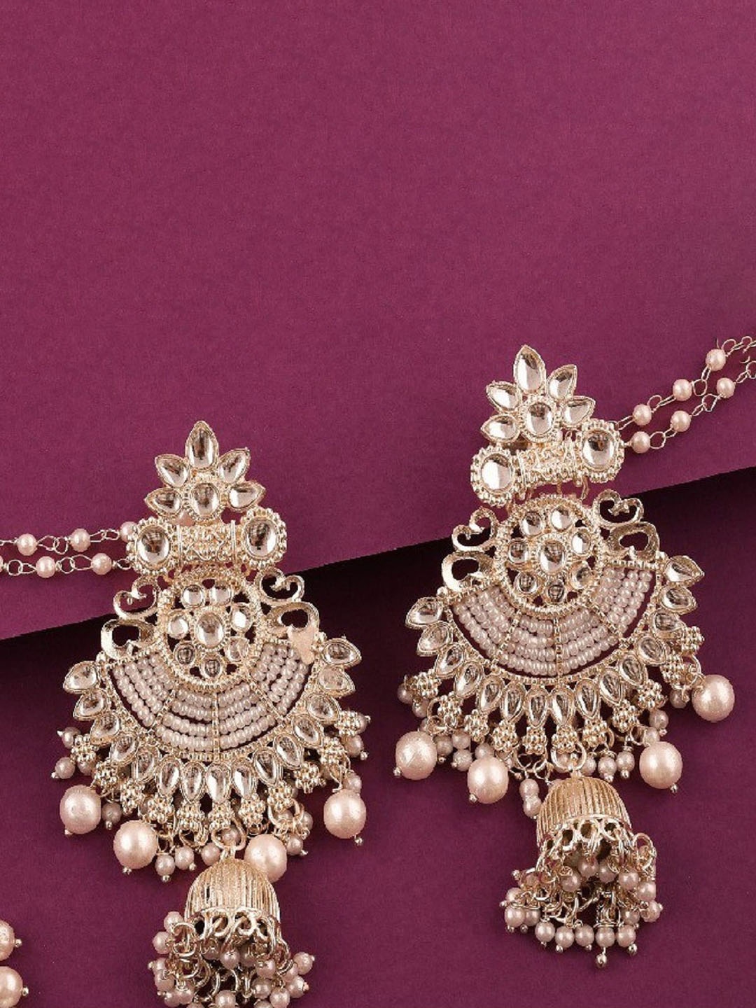 

Lyriss Gold-Plated Artificial Stones Studded & Pearls Beads Dome Shaped Jhumkas
