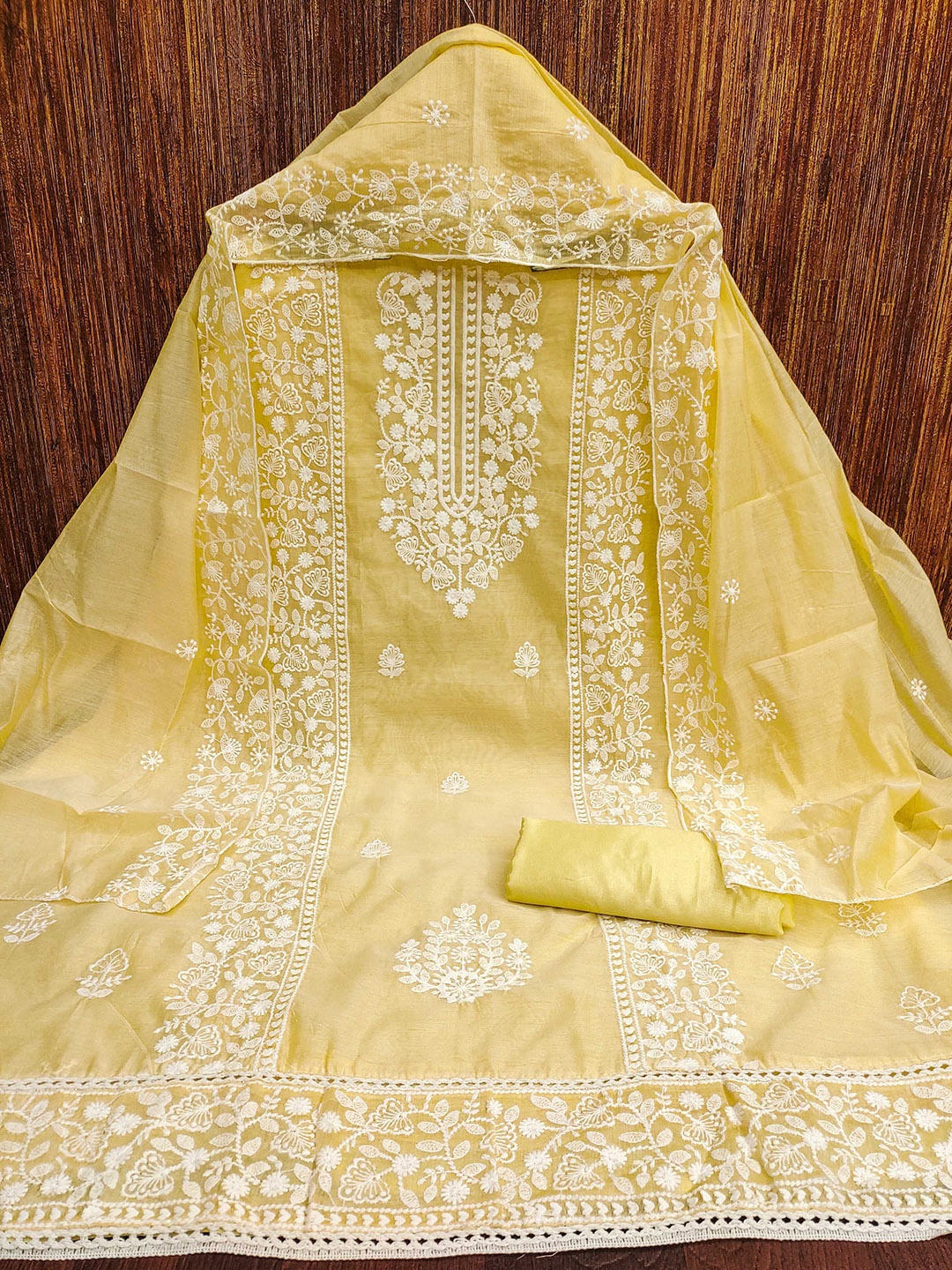 

SAINOOR Floral Embroidered Chanderi Cotton Unstitched Dress Material, Yellow