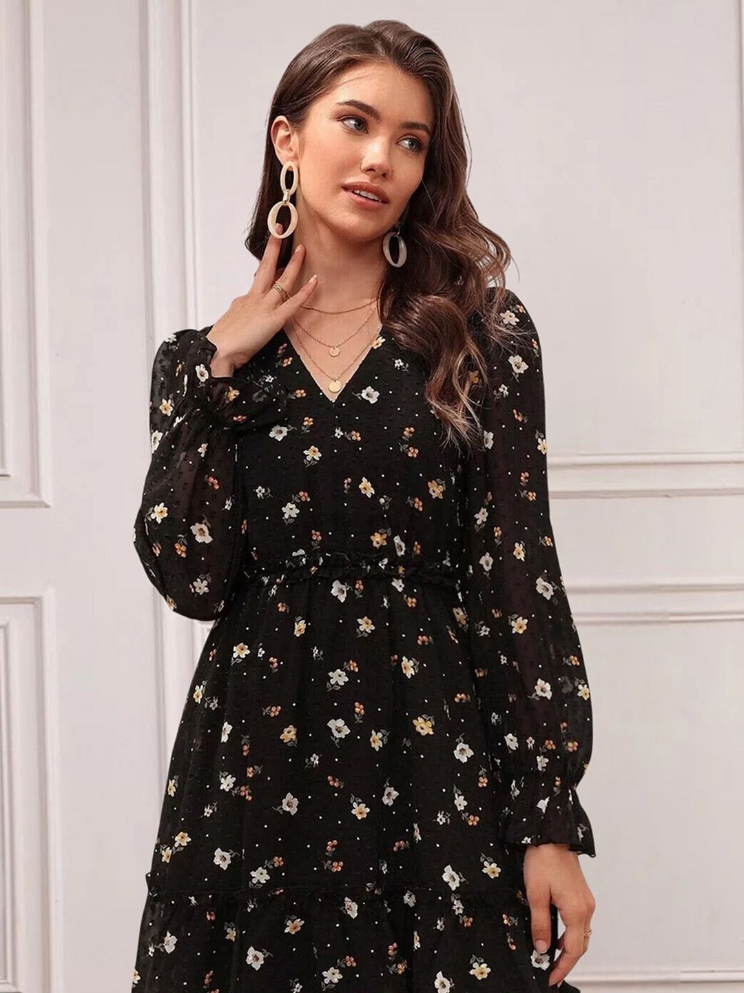 

Moda Rapido Floral Print Applique Fit & Flare Dress, Black