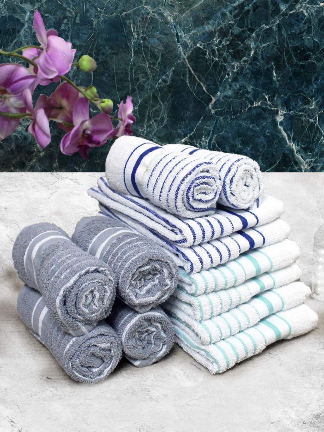 

Aura White & Grey 12 Pieces Striped Pure Cotton 150 GSM Hand Towels