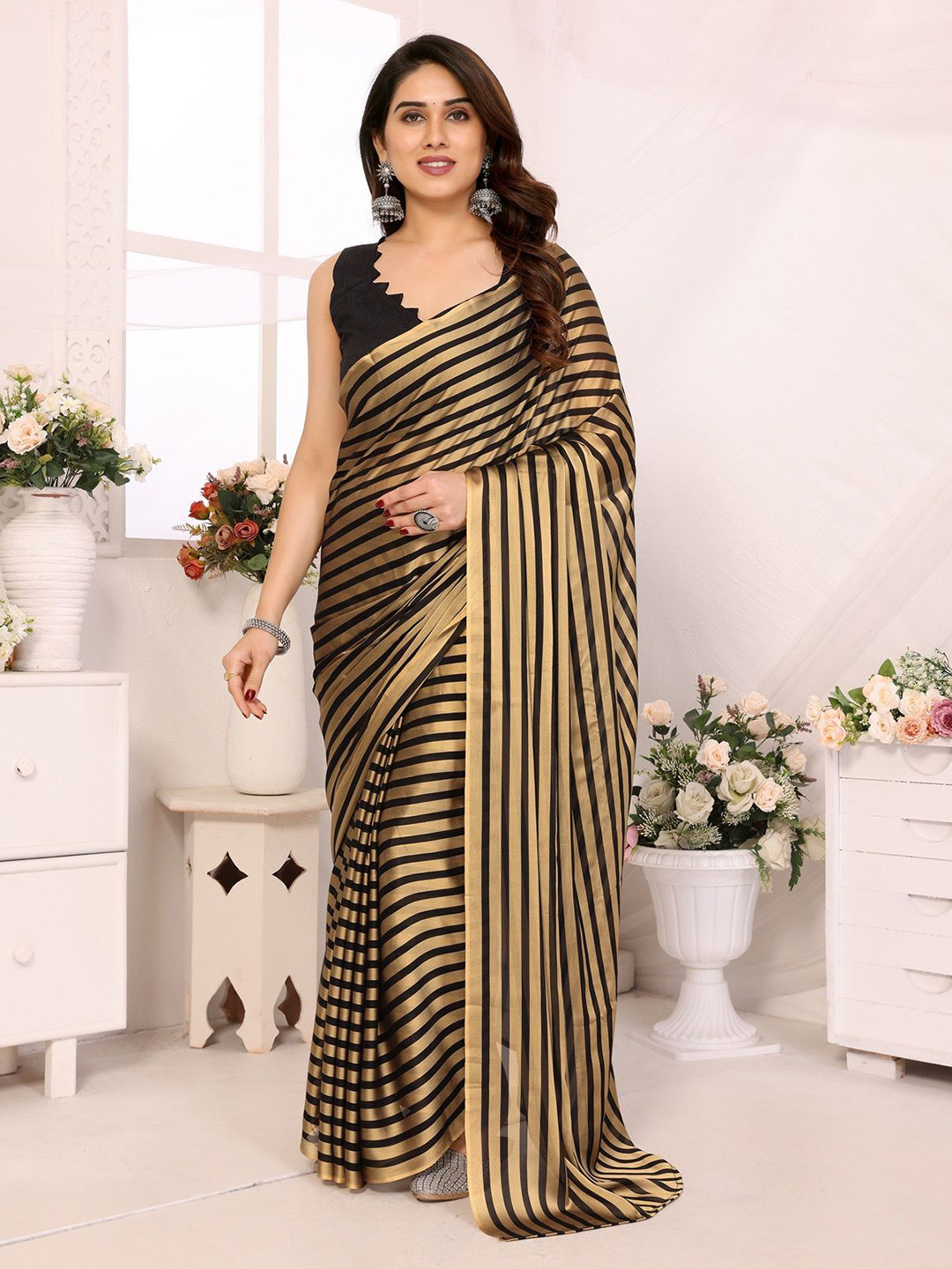 

Fashion FRICKS Striped Poly Georgette Ready to Wear Saree, Black