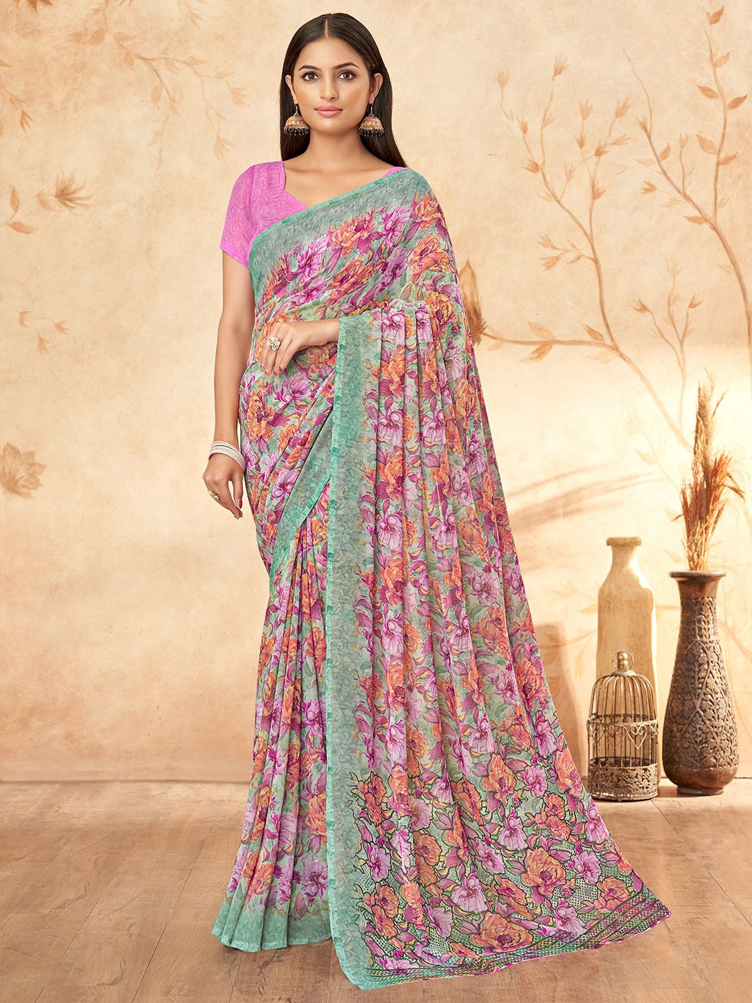 

DIVASTRI Floral Poly Georgette Saree, Pink