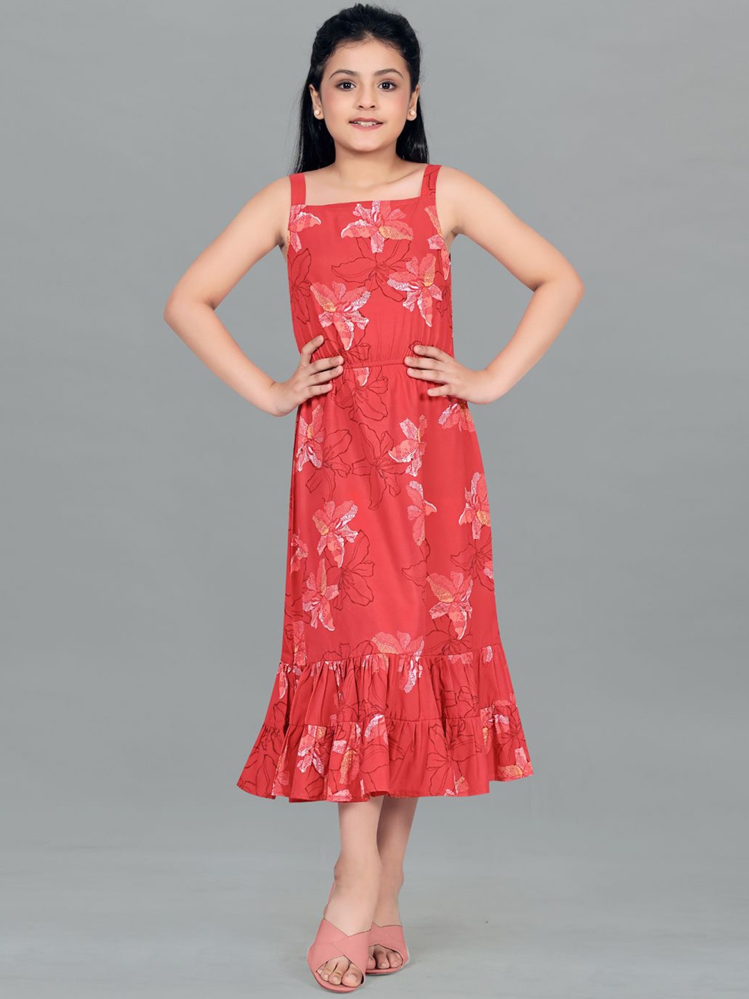 

YK Girls Floral Print Ruffled Crepe A-Line Midi Dress, Rust