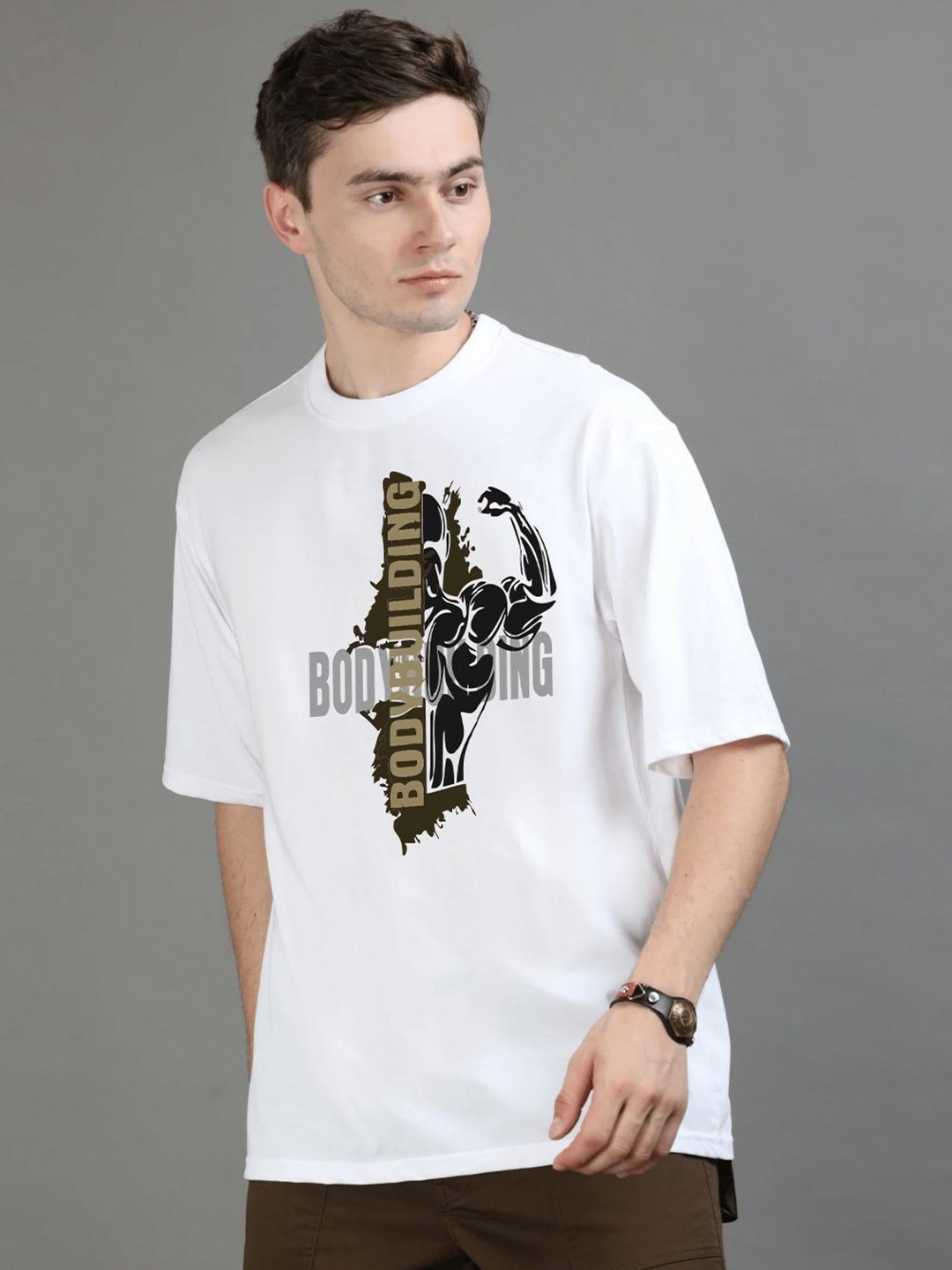 

GSPO Men Typography Printed Extended Sleeves Applique T-shirt, White