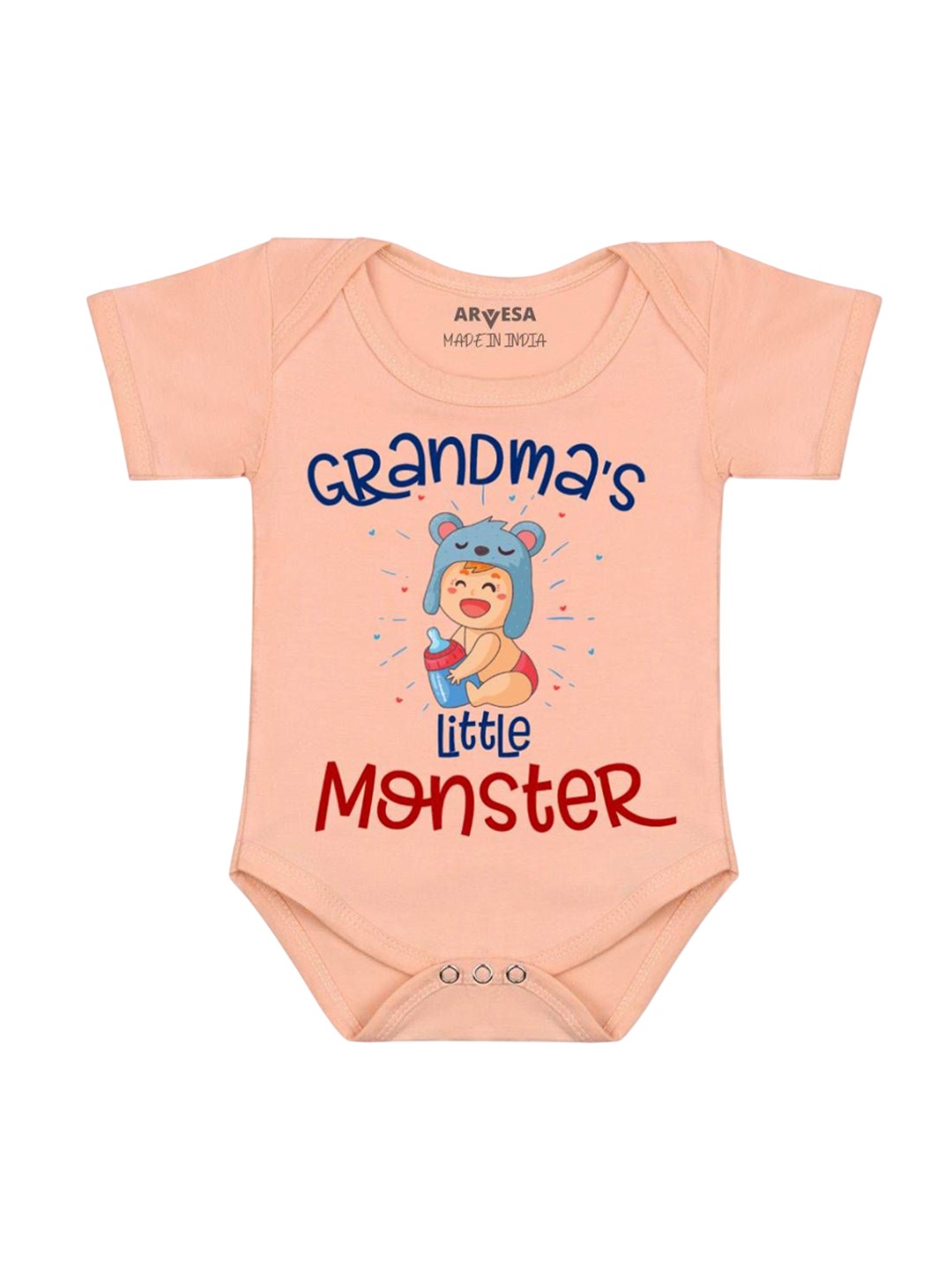 

Arvesa Unisex Grandma Little Monster Printed Romper, Peach