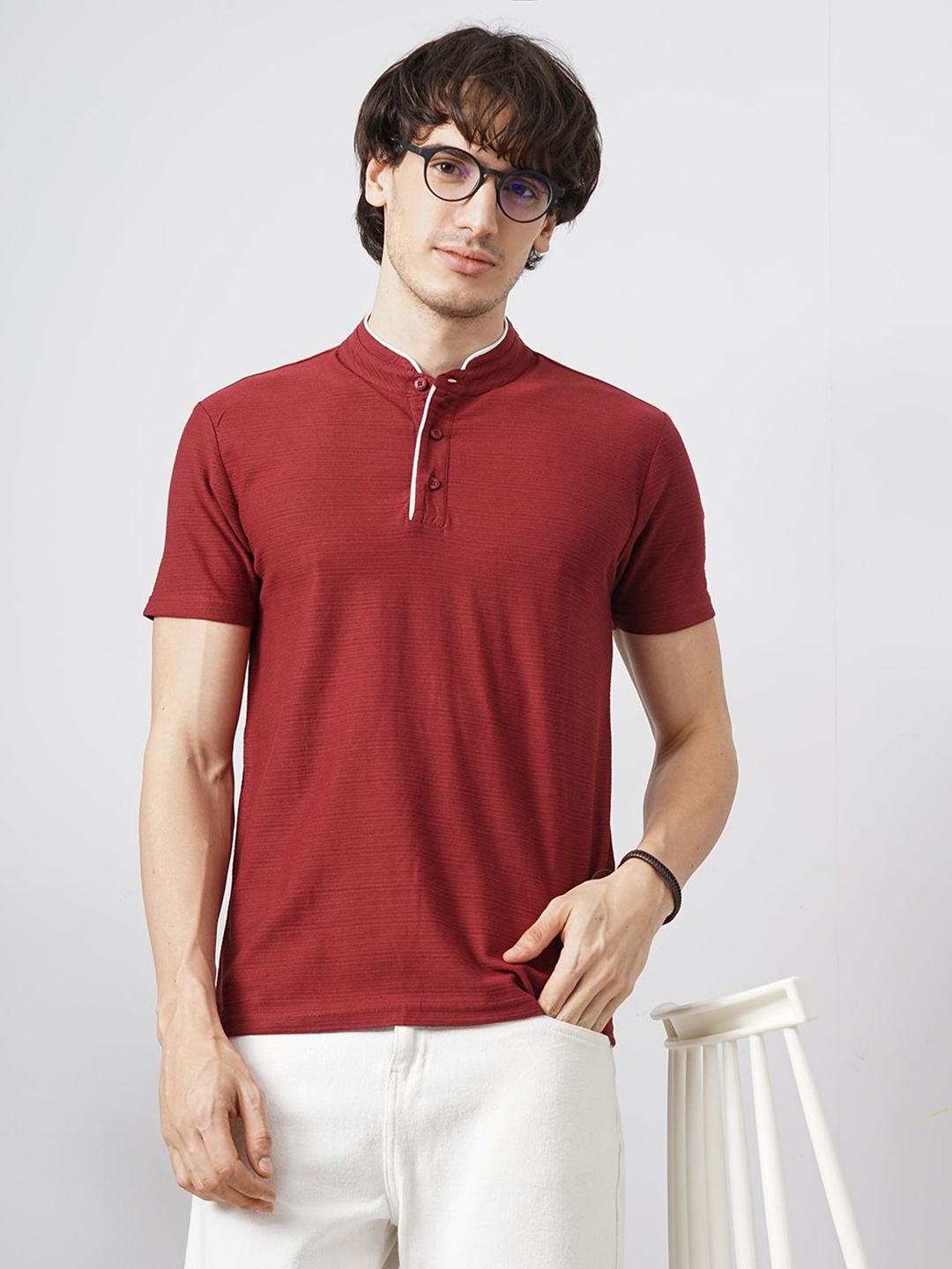 

Genoa Men Mandarin Collar Slim Fit T-shirt, Maroon