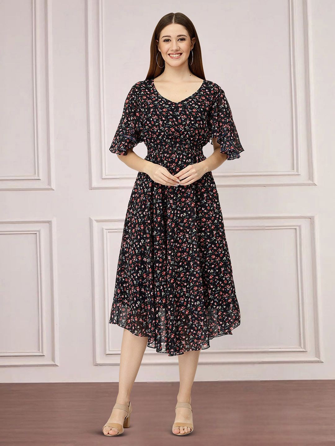 

Moda Rapido Floral Print Applique Fit & Flare Dress, Black