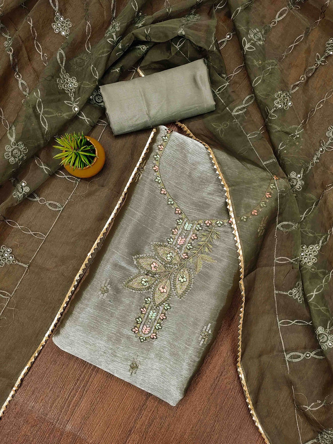 

KALINI Embroidered Silk Chiffon Unstitched Dress Material, Olive