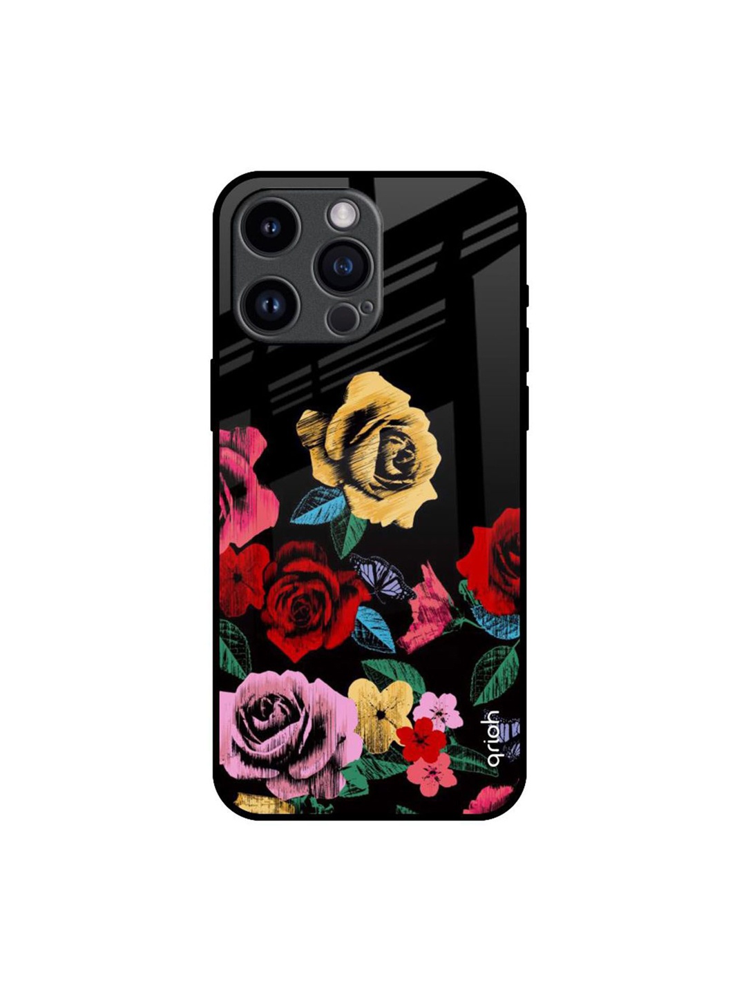 

QRIOH Floral Printed Decorative Glass iPhone 14 Pro Max Back Case, Black