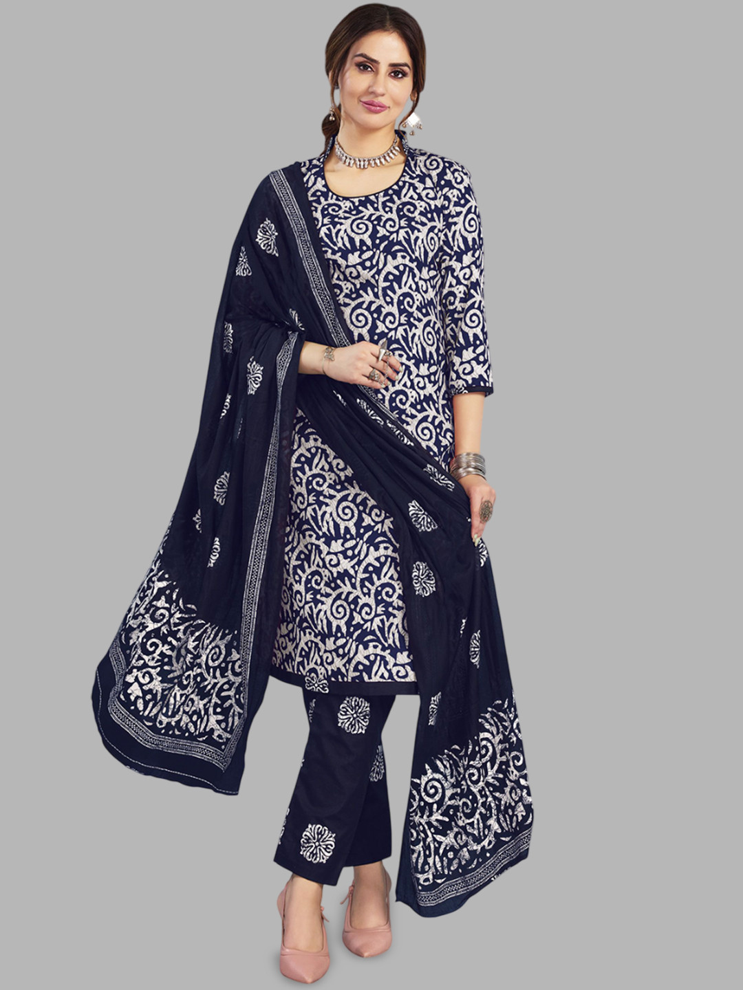 

shree jeenmata collection Floral Printed V-Neck Pure Cotton Kurta with Trouser & Dupatta, Navy blue