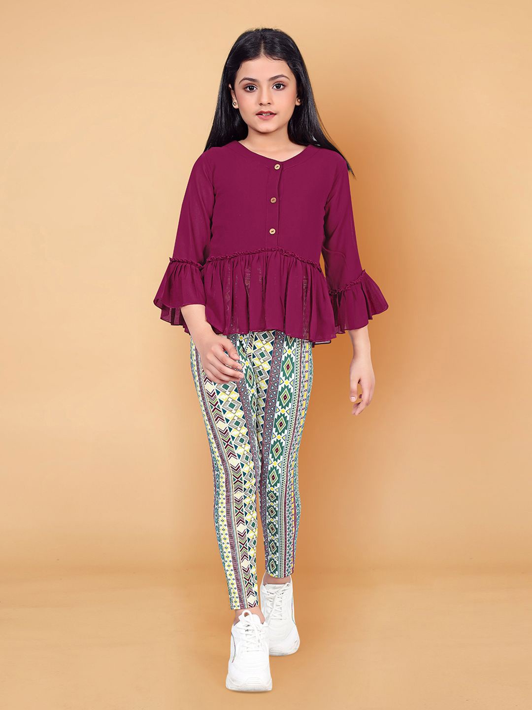 

YK Girls V-Neck Bell Sleeves Top With Leggings, Maroon