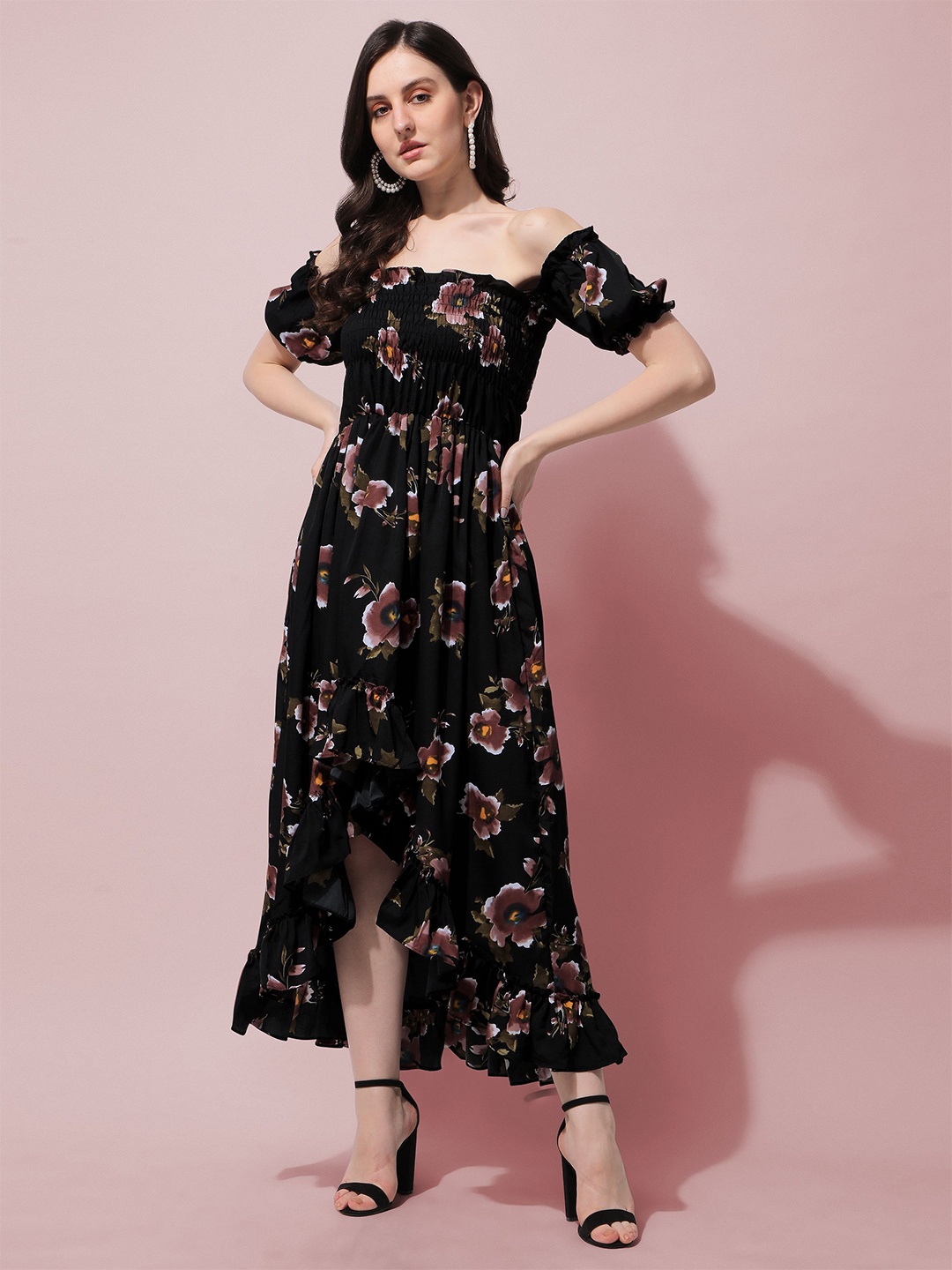 

Oomph! Floral Print Off-Shoulder Puff Sleeve Crepe Fit & Flare Maxi Dress, Black