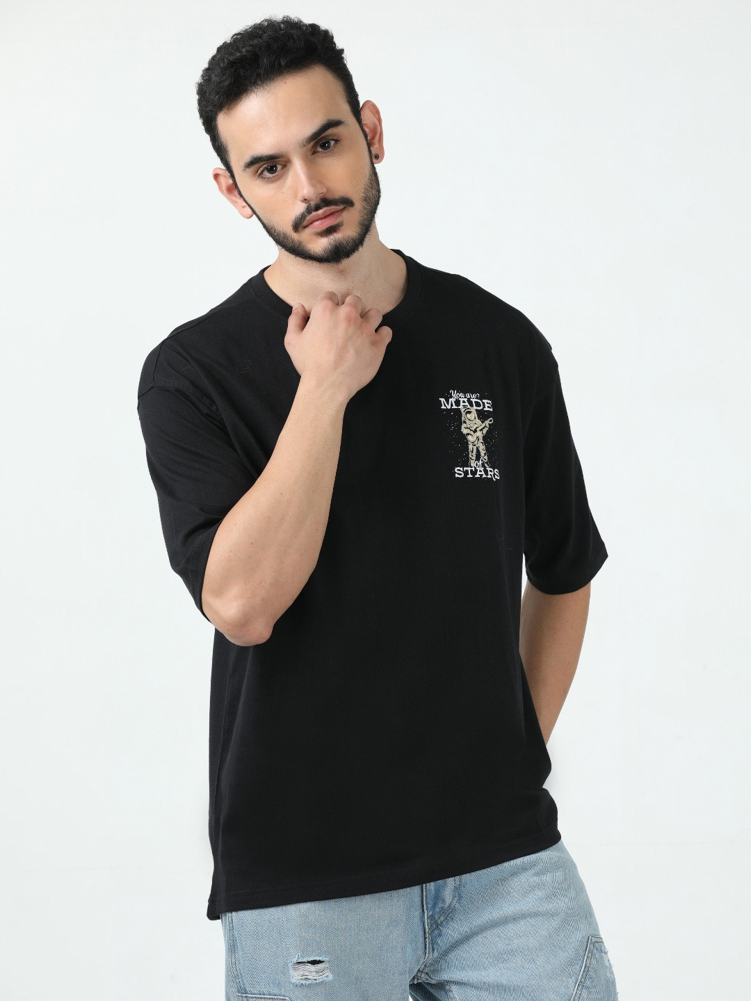 

Quco Men Printed Cotton Round Neck Drop Shoulder Oversized Tshirt, Black