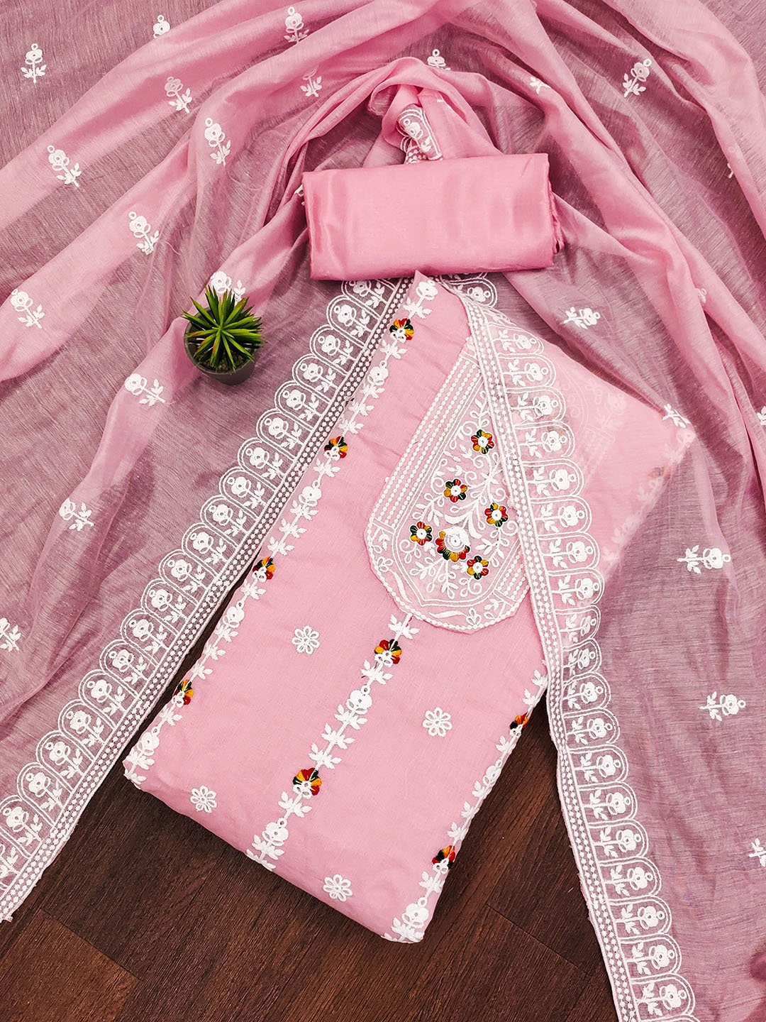 

SAINOOR Embroidered Thread Work Semi-Stitched Dress Material, Pink