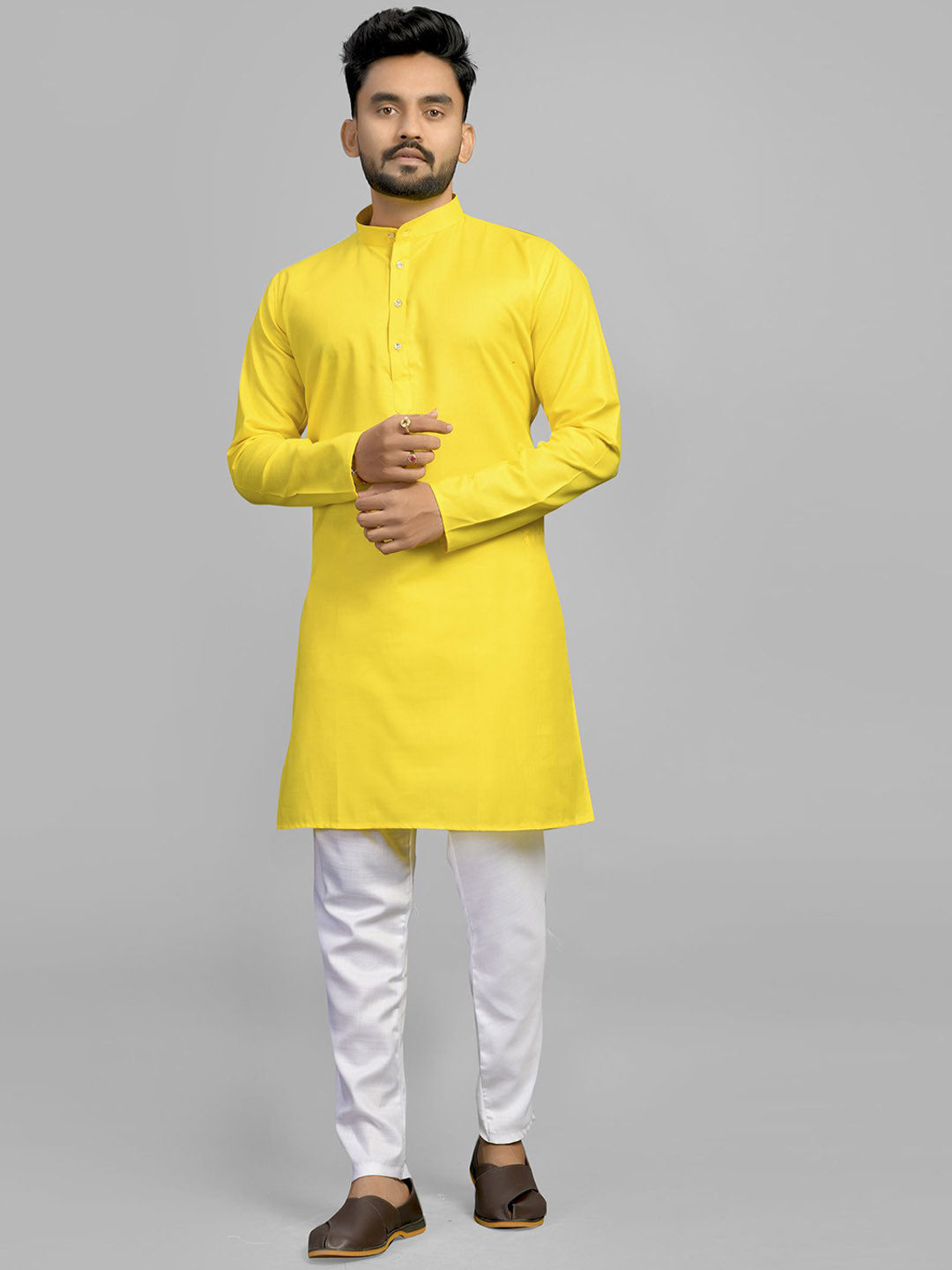

Fashion FRICKS Band Collar Cotton Straight Kurta, Yellow