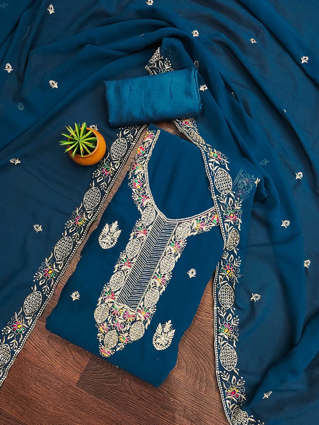 

SAINOOR Floral Embroidered Silk Georgette Unstitched Dress Material, Teal