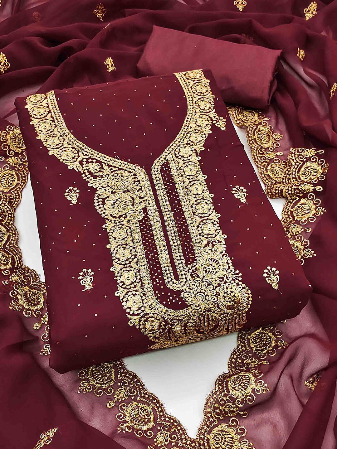 

KALINI Embellished Unstitched Dress Material, Maroon