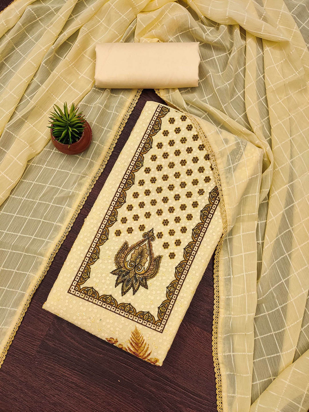 

SAINOOR Floral Printed Unstitched Dress Material, Beige