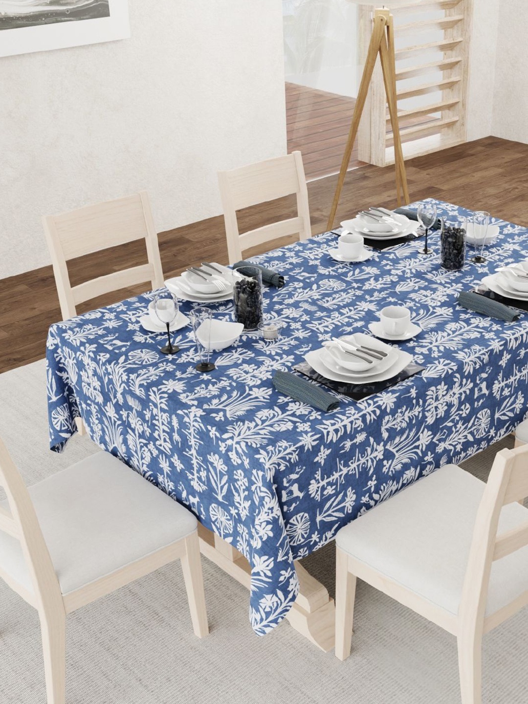 

URBAN SPACE Blue Floral Anti-Slip 6-Seater Table Cover