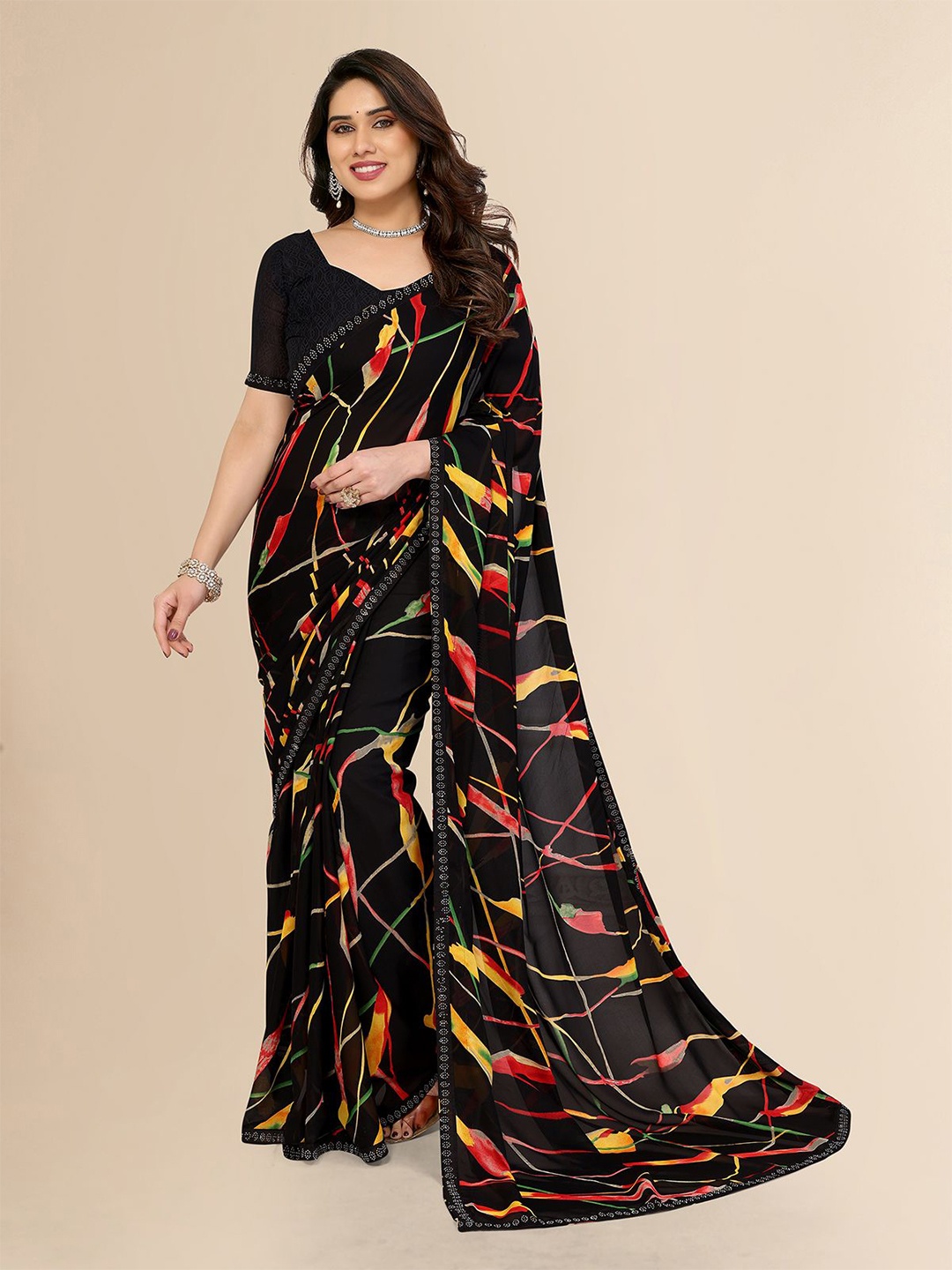 

Moda Rapido Printed Embelished Border Beads and Stones Saree, Black