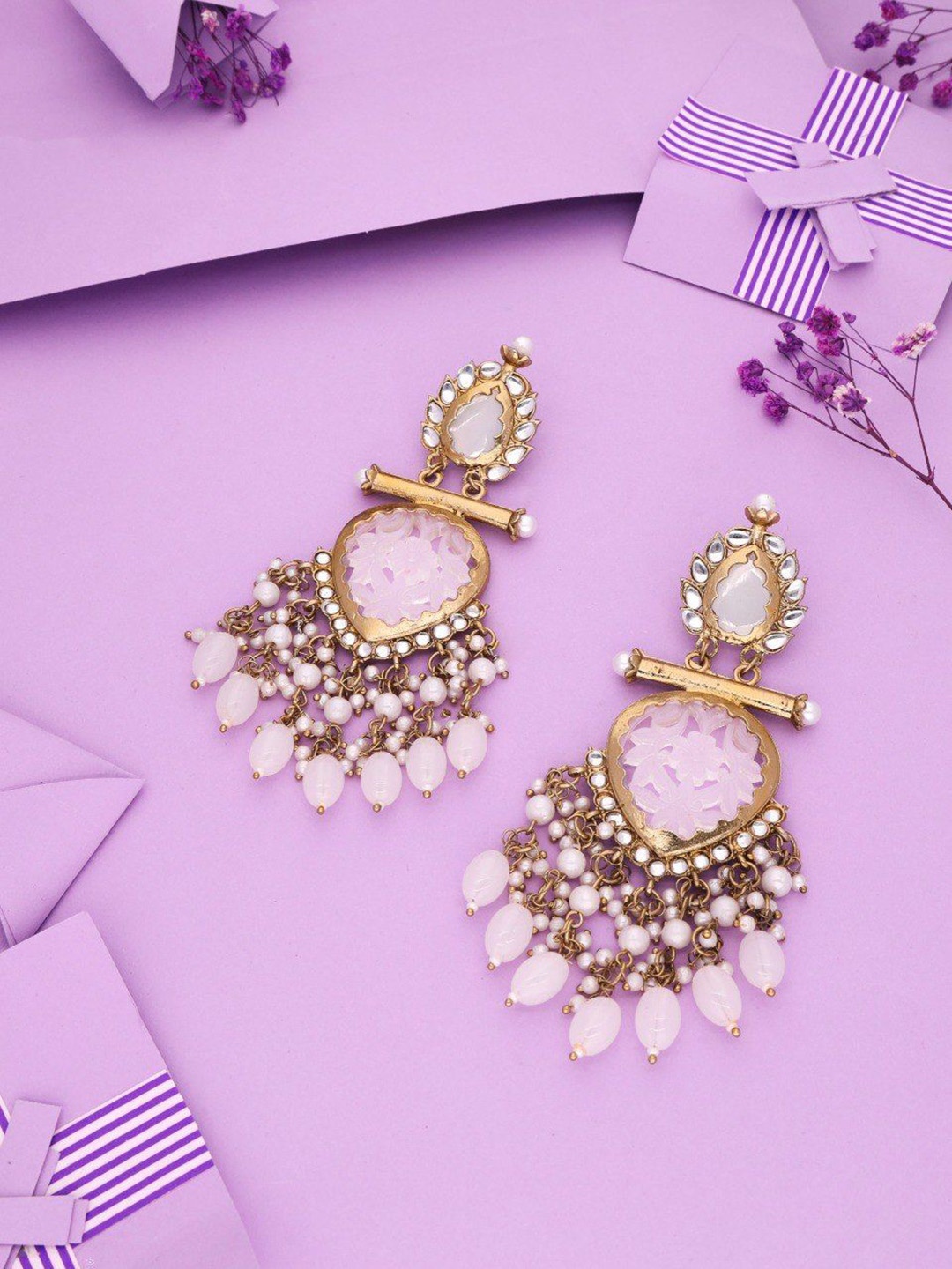 

Lyriss Gold Plated Artificial Stone Studded & Beaded Contemporary Chandbalis