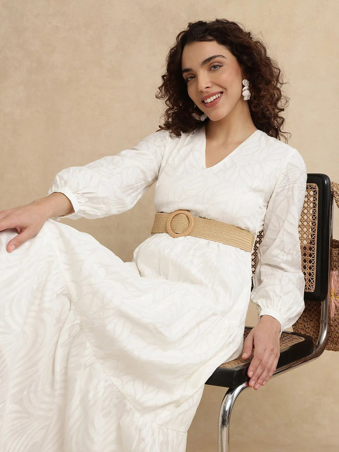 

RAREISM Bishop Sleeve Fit & Flare Maxi Dress, Off white