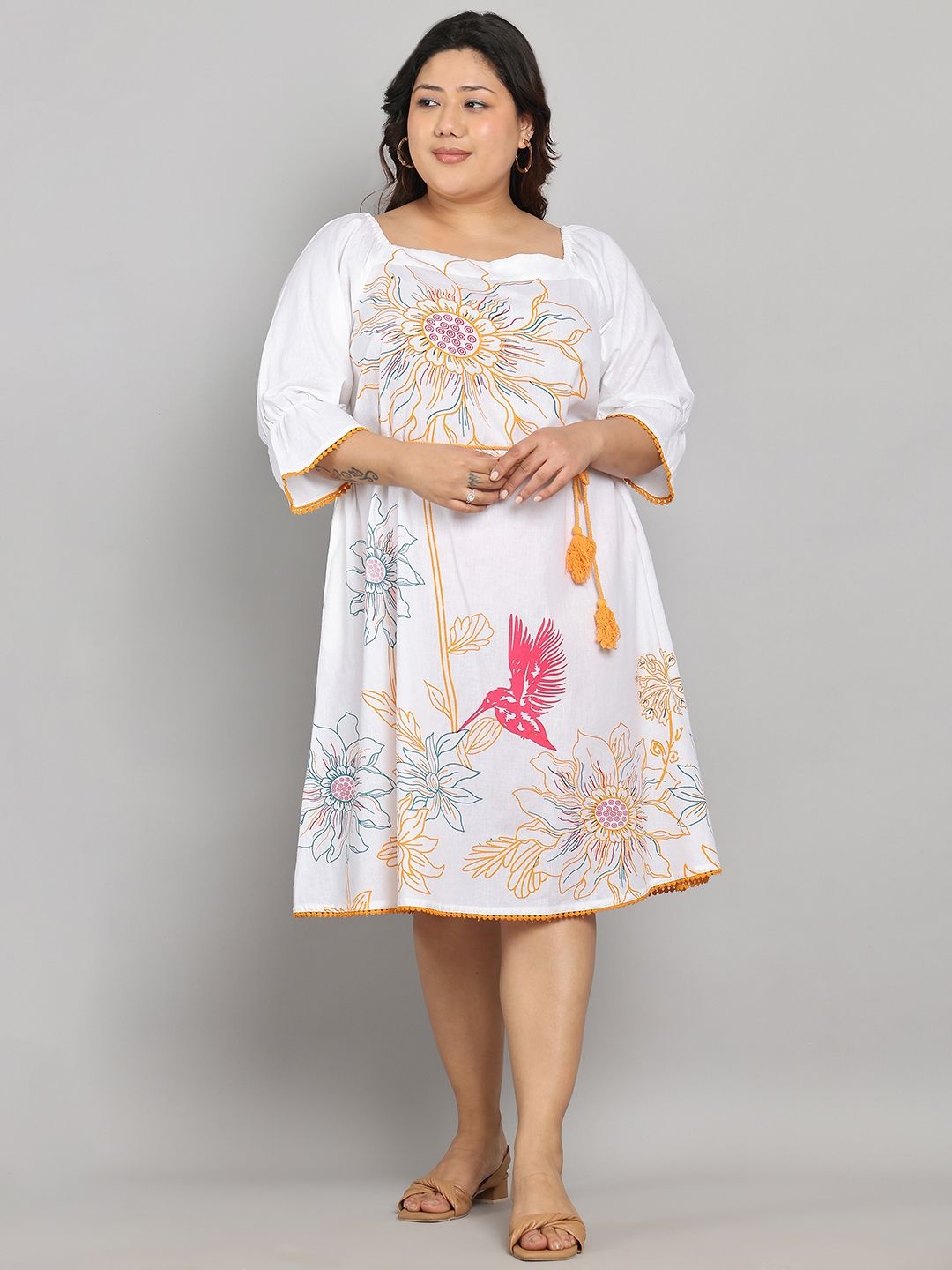 

Tulsattva Women Floral Printed Cotton Plus Size Fit & Flare Midi Dress, White