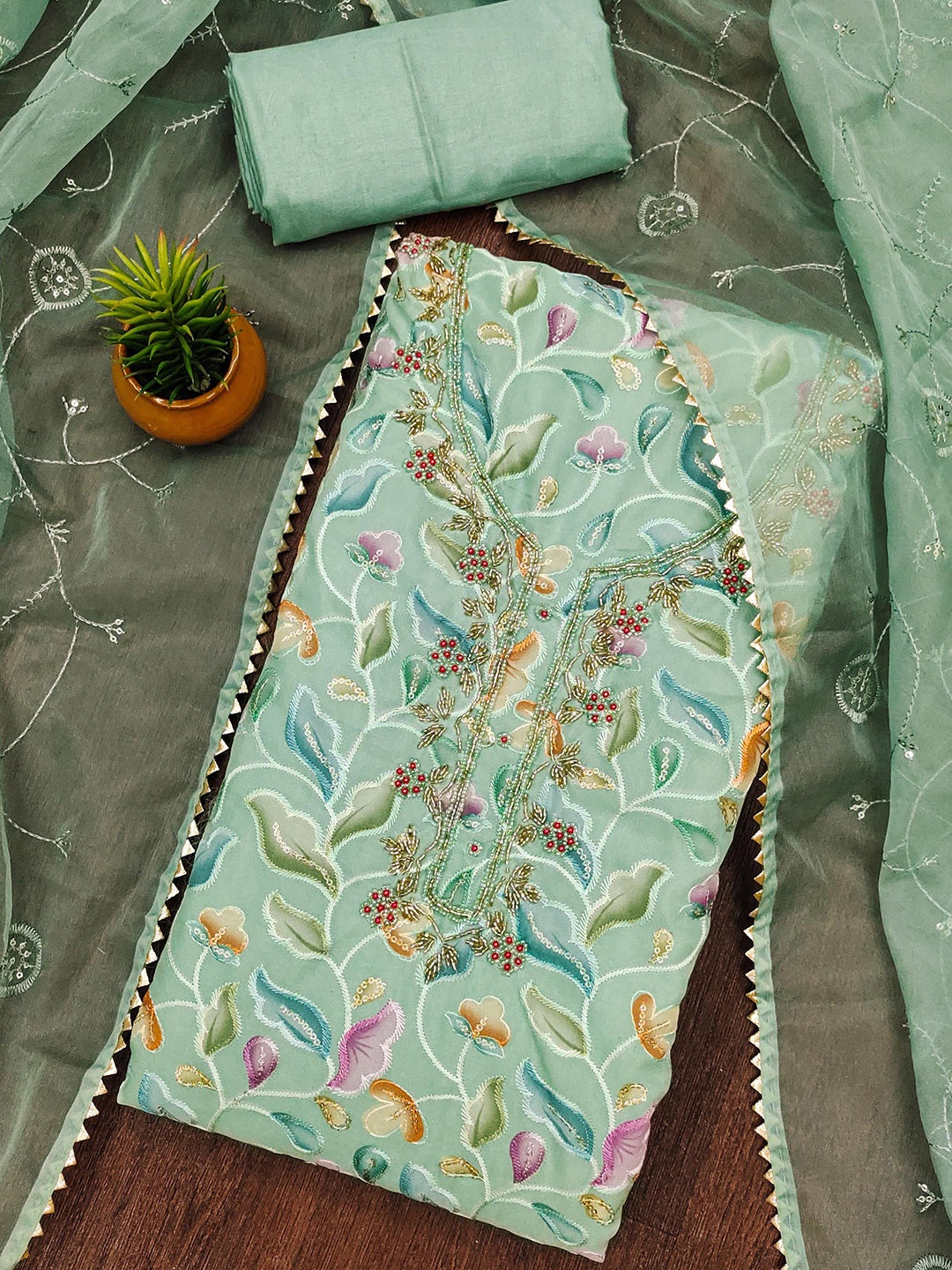 

SAINOOR Floral Embroidered Organza Semi-Stitched Dress Material, Green