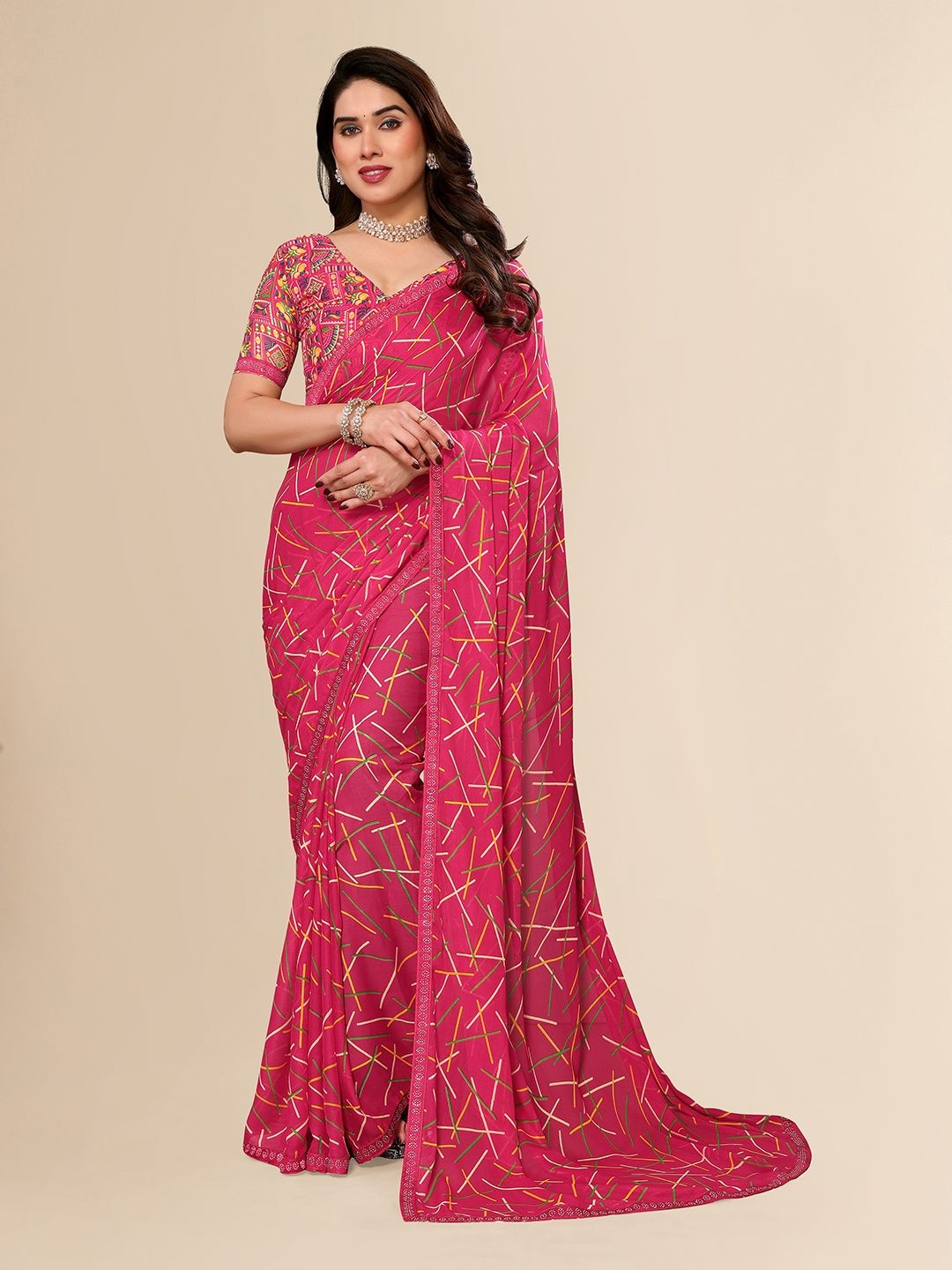 

Moda Rapido Striped Printed Embroidered Saree With Unstitched Blouse Piece, Pink