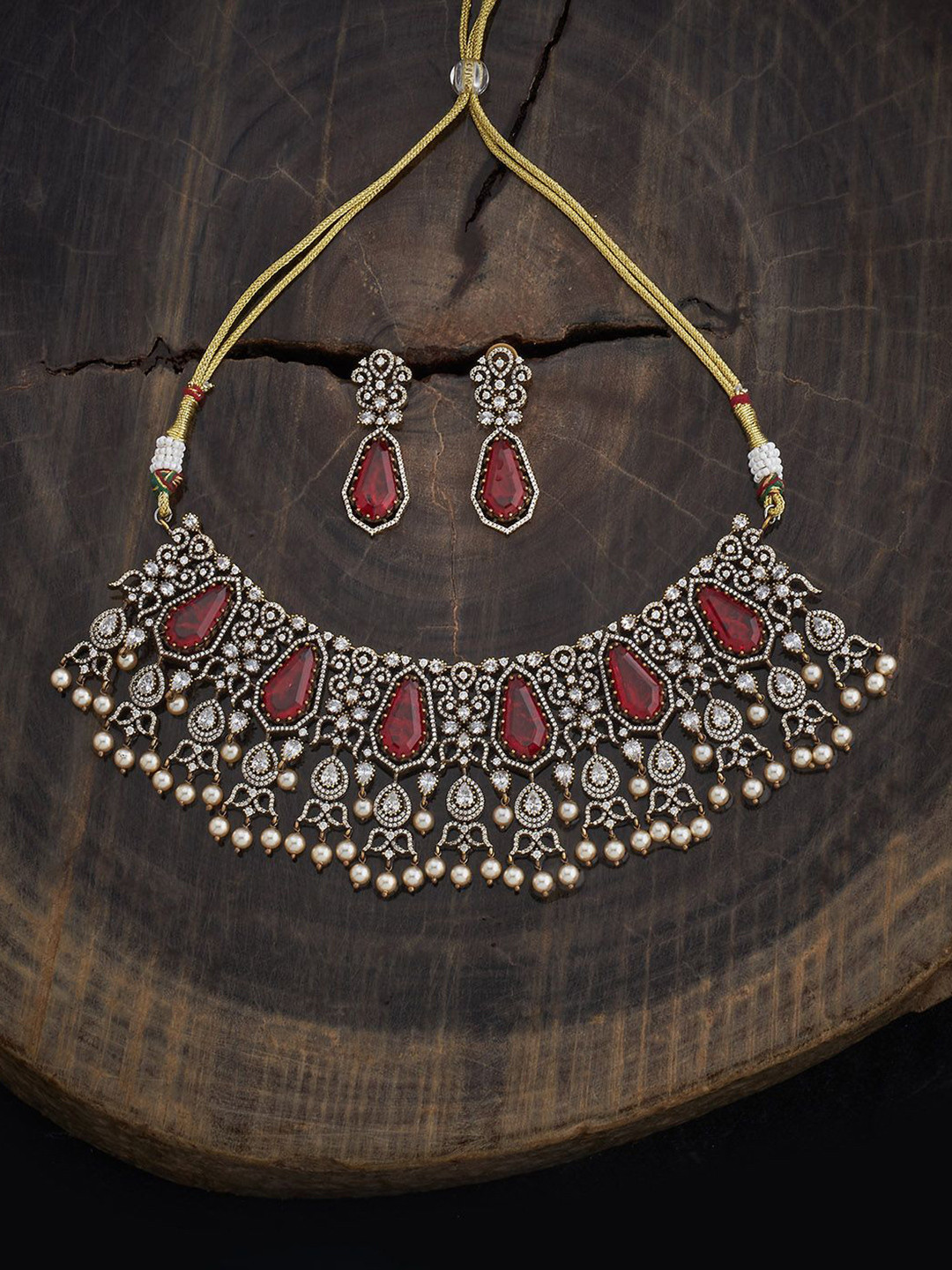 

Kushal's Fashion Jewellery Ruby Victorian-Plated Party Zircon Jewellery Set, Gold