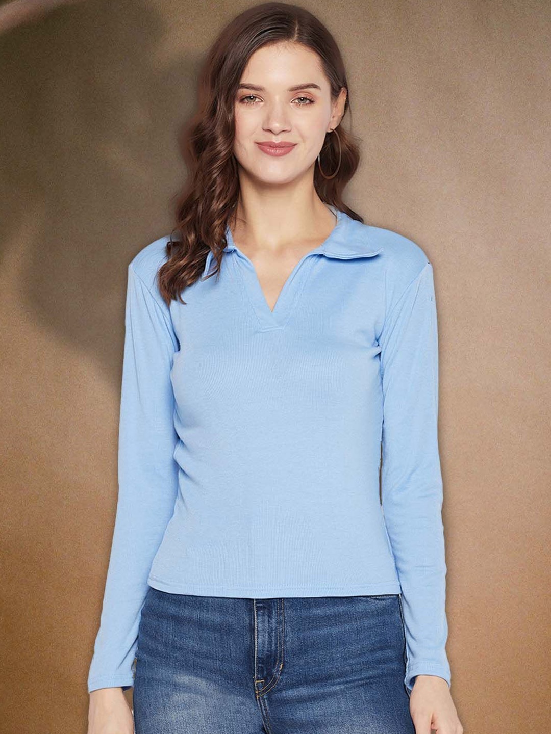 

all about you Solid Shirt Collar Long Sleeves Top, Blue