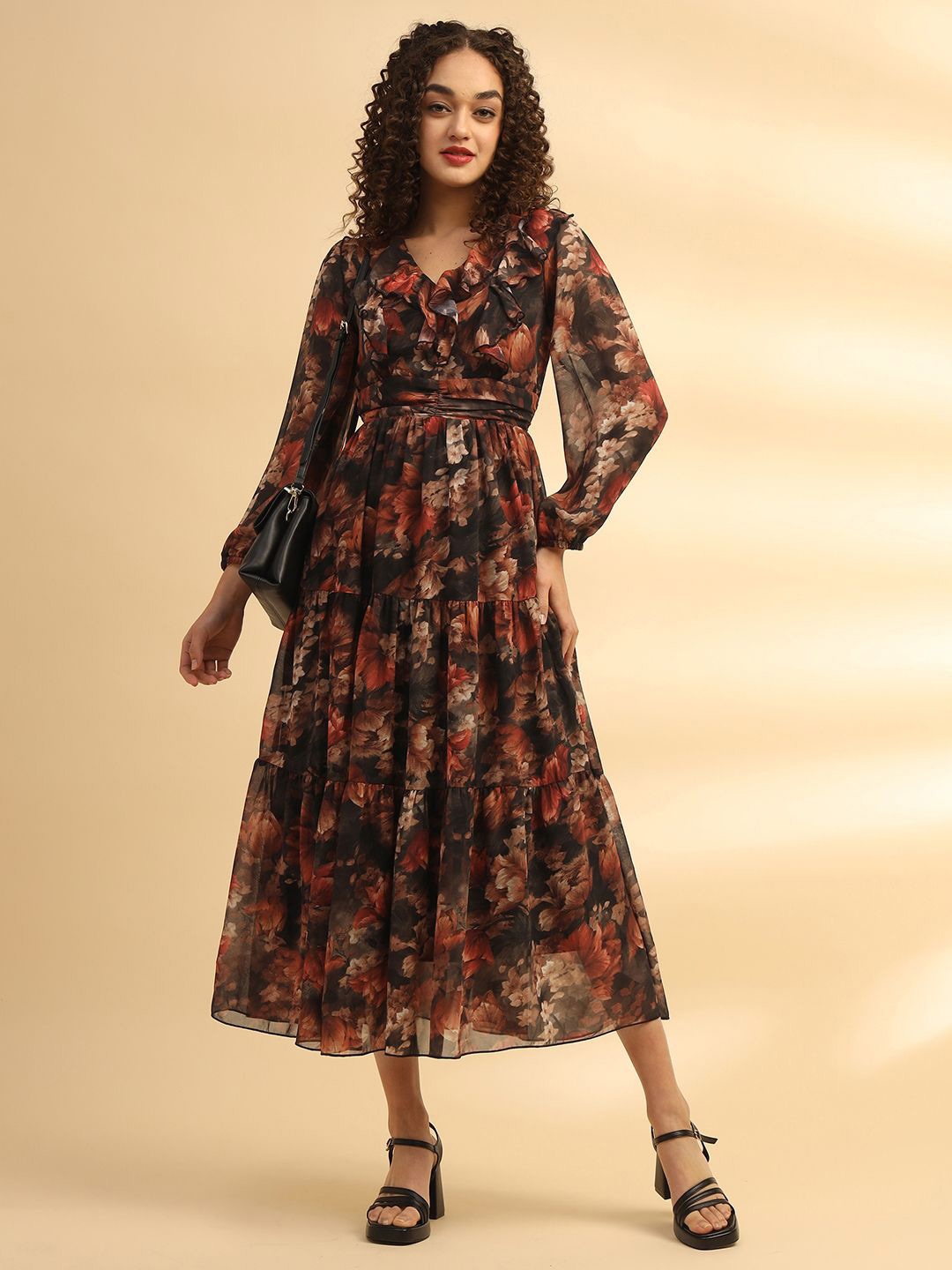 

Justin Whyte Floral Print Bell Sleeve Georgette Empire Midi Dress, Black