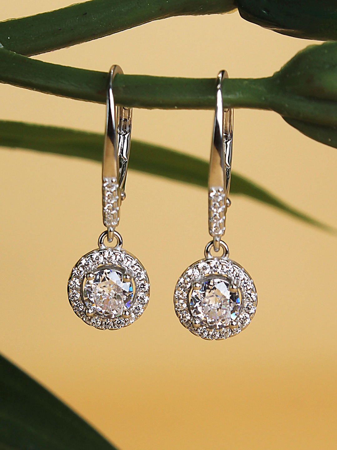 

DEVASHREE 925 Sterling Silver Rhodium-Plated CZ Studded Contemporary Shaped Drop Earrings, White