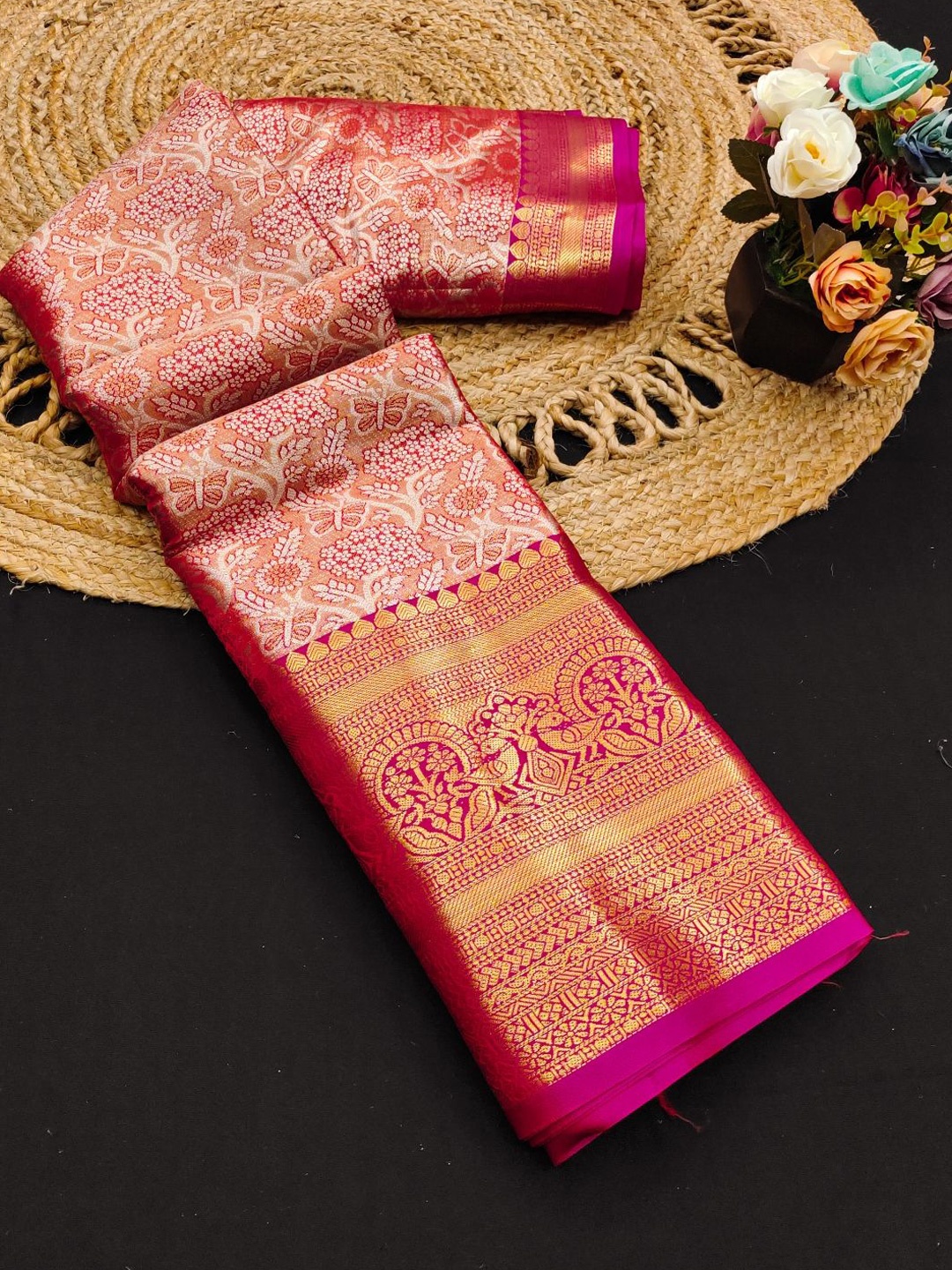 

DIVASTRI Woven Design Zari Pure Silk Handloom Banarasi Saree, Orange