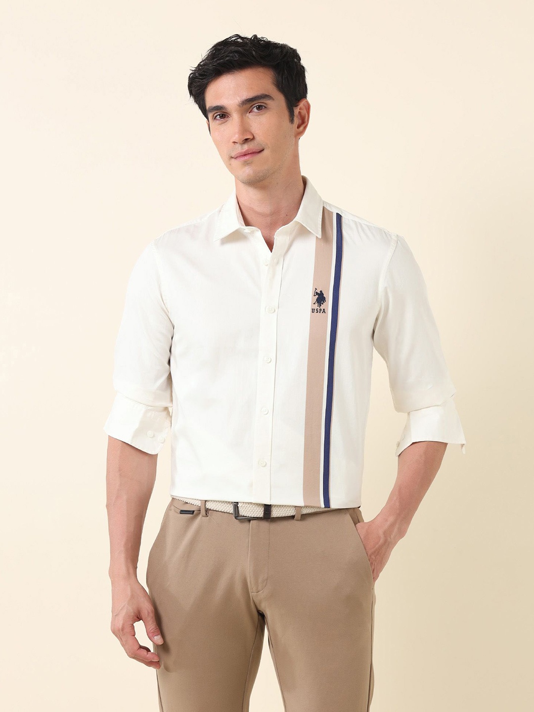

U.S. Polo Assn. Men Tailored Fit Opaque Striped Casual Shirt, White