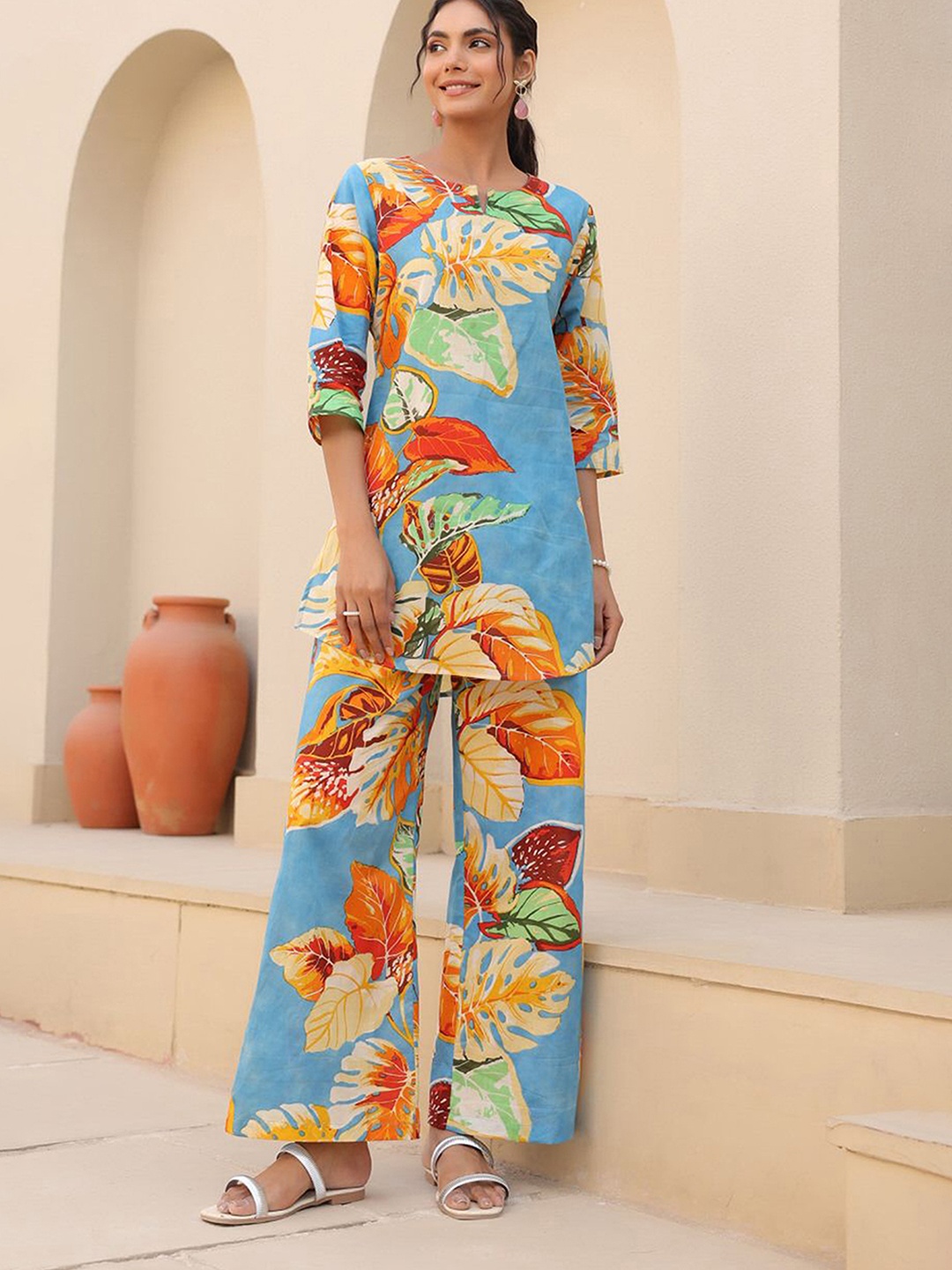 

JISORA Printed Pure Cotton Top & Trousers Co-ord Set, Blue