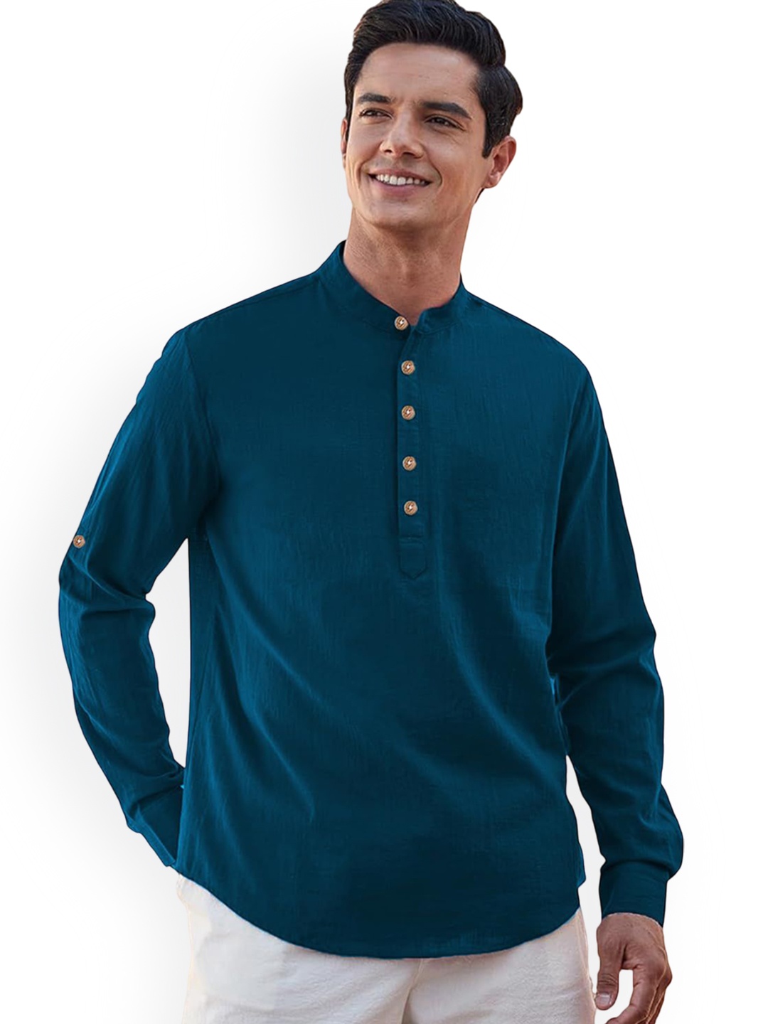 

TrendiVastra Mandarin Collar Cotton Short Kurta, Teal