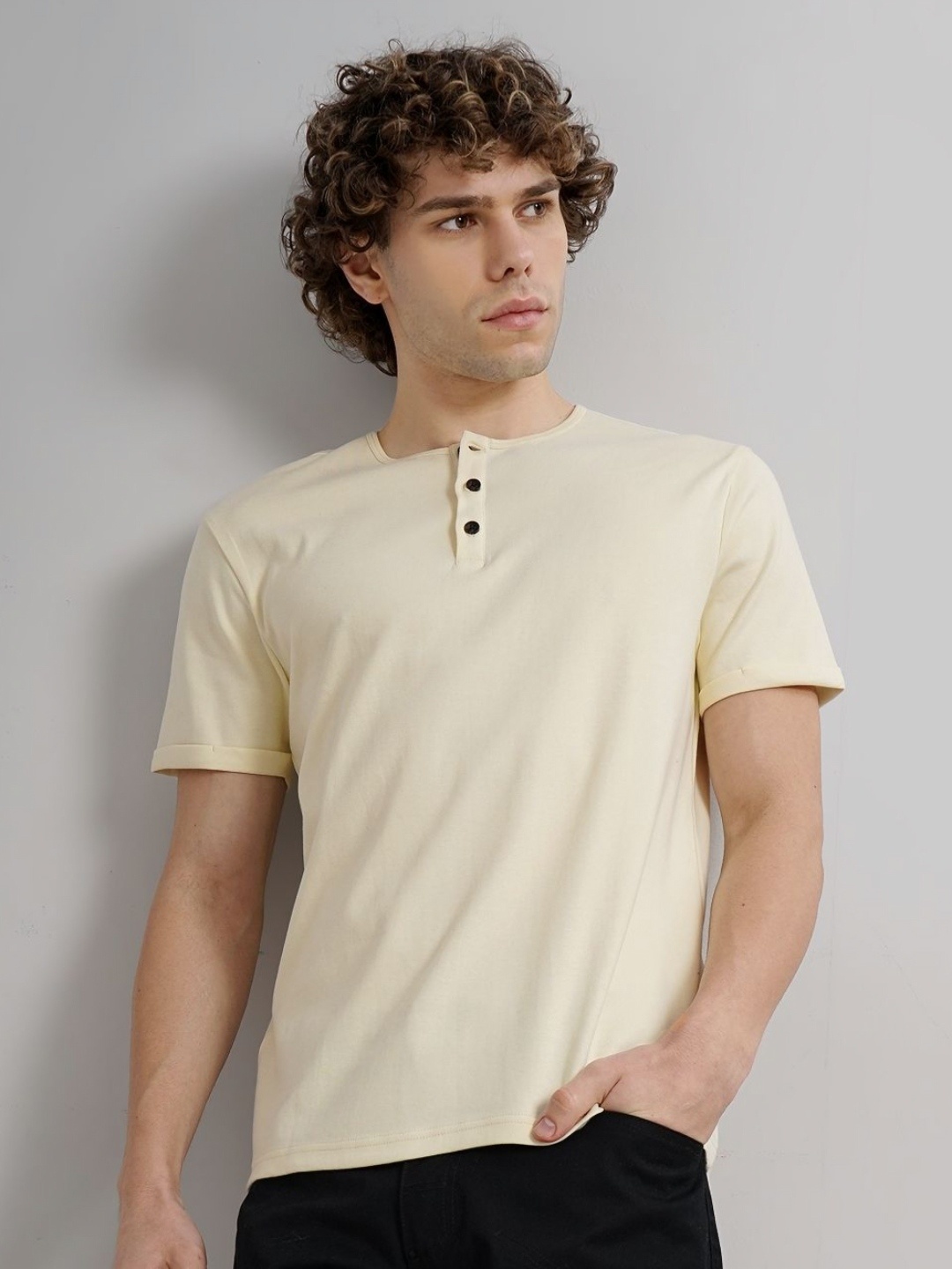 

Genoa Men Henley Neck Slim Fit T-shirt, Beige