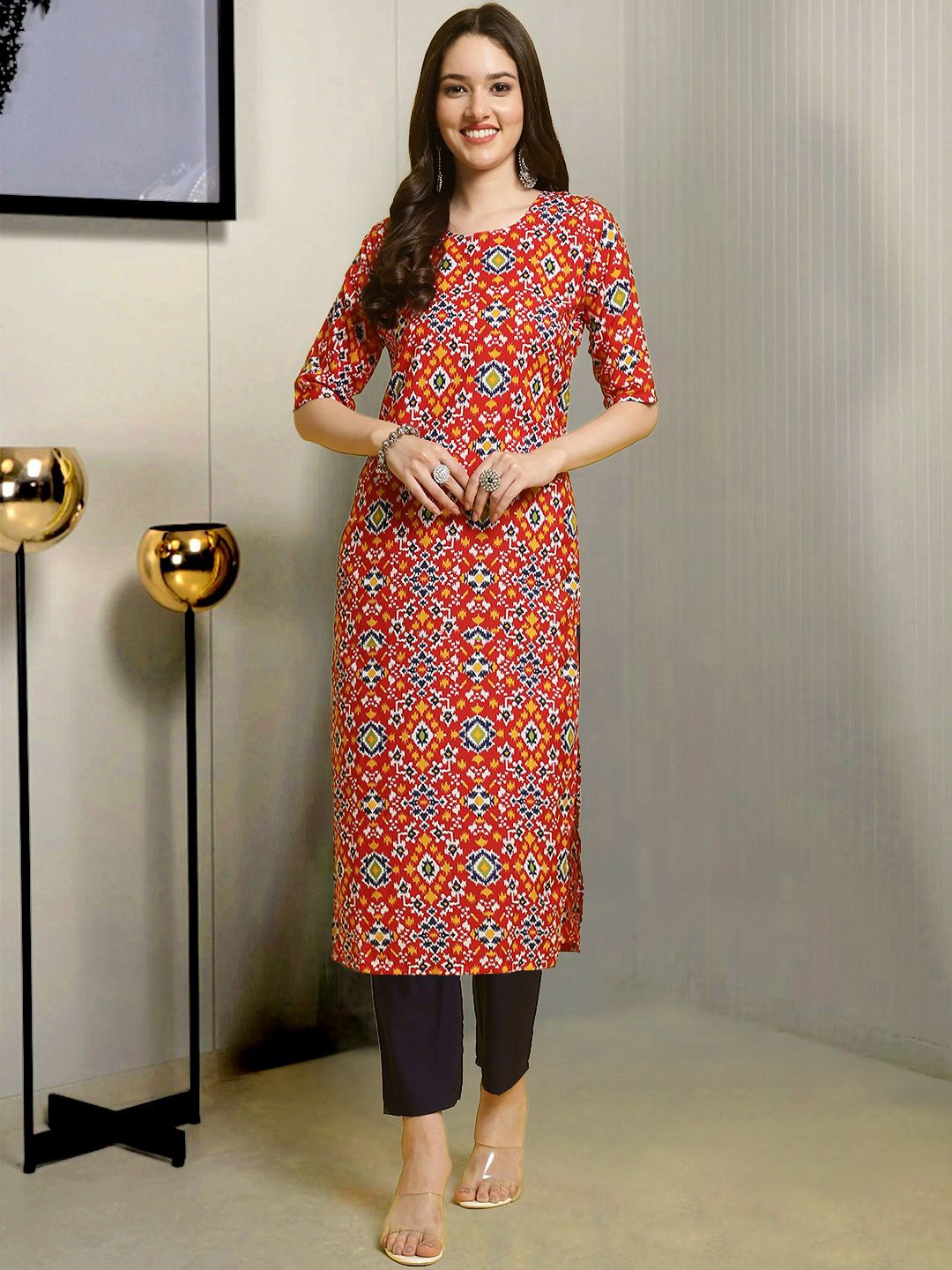 

Moda Rapido Ethnic Motifs Printed Round Neck Straight Kurta With Trousers, Red