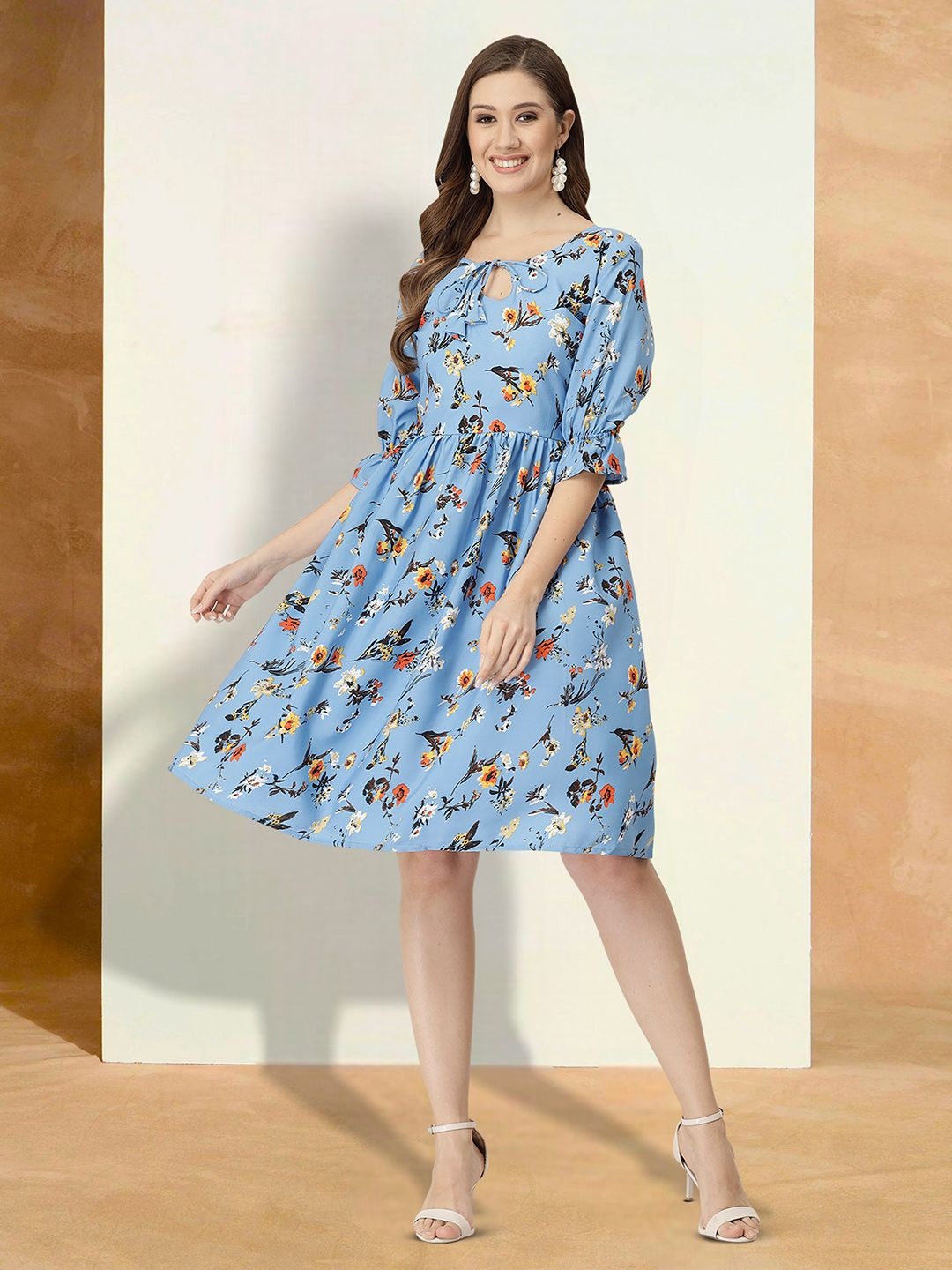 

Moda Rapido Floral Print Keyhole Neck Applique Fit & Flare Dress, Blue