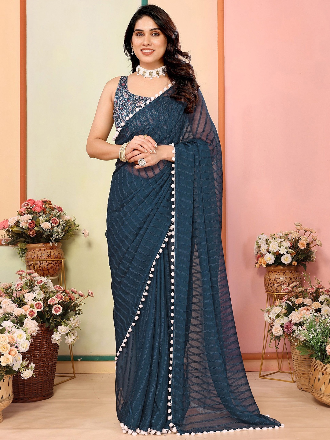 

Moda Rapido Striped Poly Georgette Saree, Navy blue