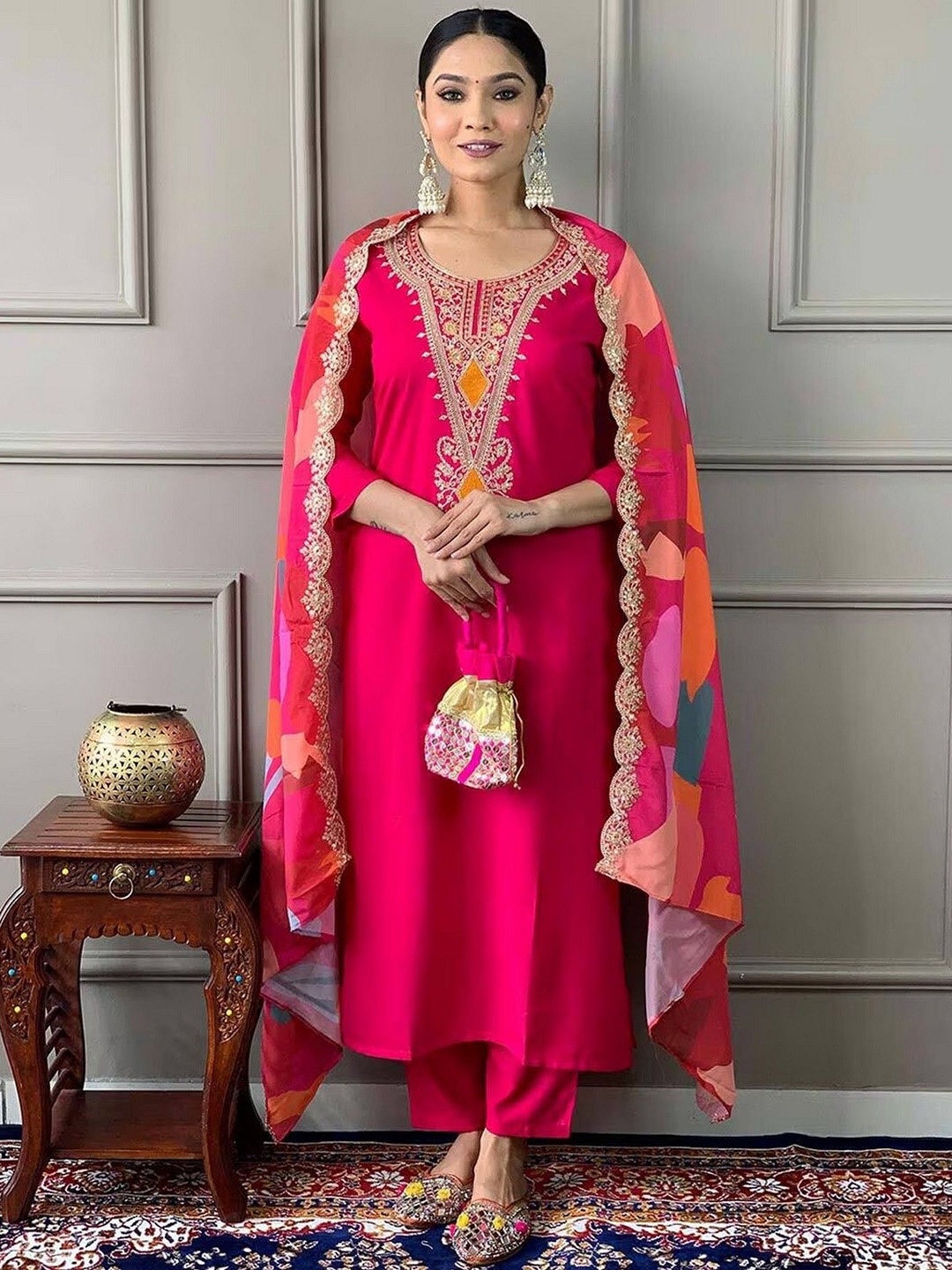 

ZEEPKART Ethnic Motifs Yoke Design Sequinned Kurta With Trouser And Dupatta, Pink