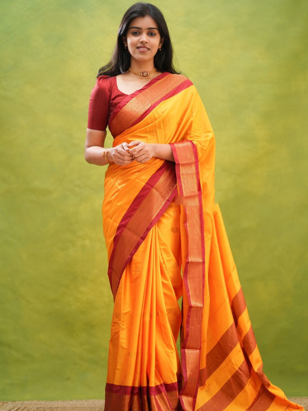 

yourwish Woven Design Zari Silk Cotton Kanjeevaram Saree, Mustard