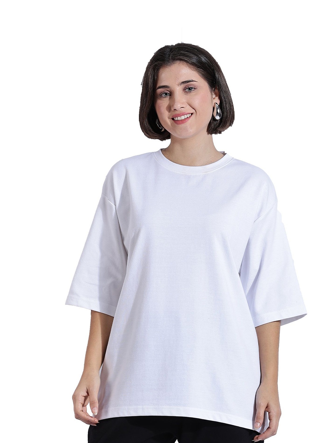 

BLUE TYGA Women Drop-Shoulder Sleeves Pockets T-shirt, White